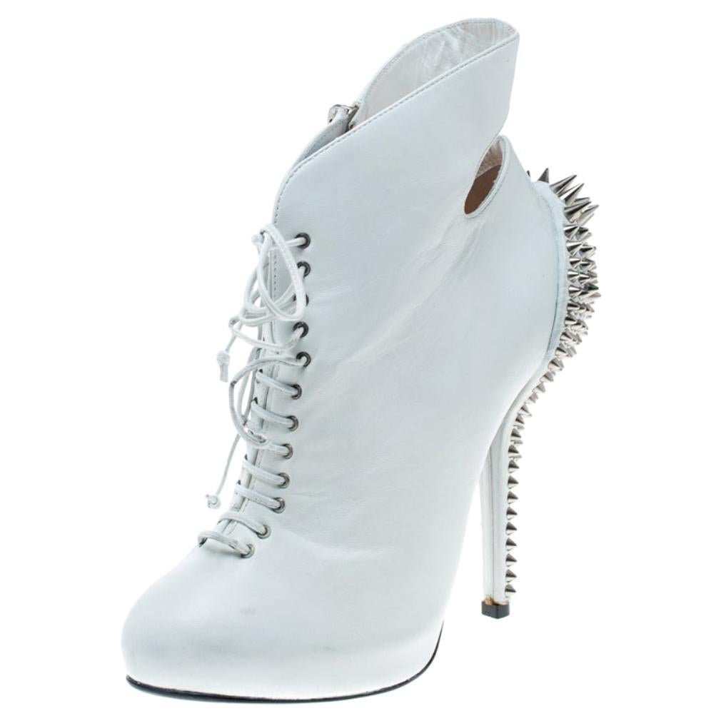 White Leather Spike Embellished Heel Cut Out Ankle Boots Size 37.5 For