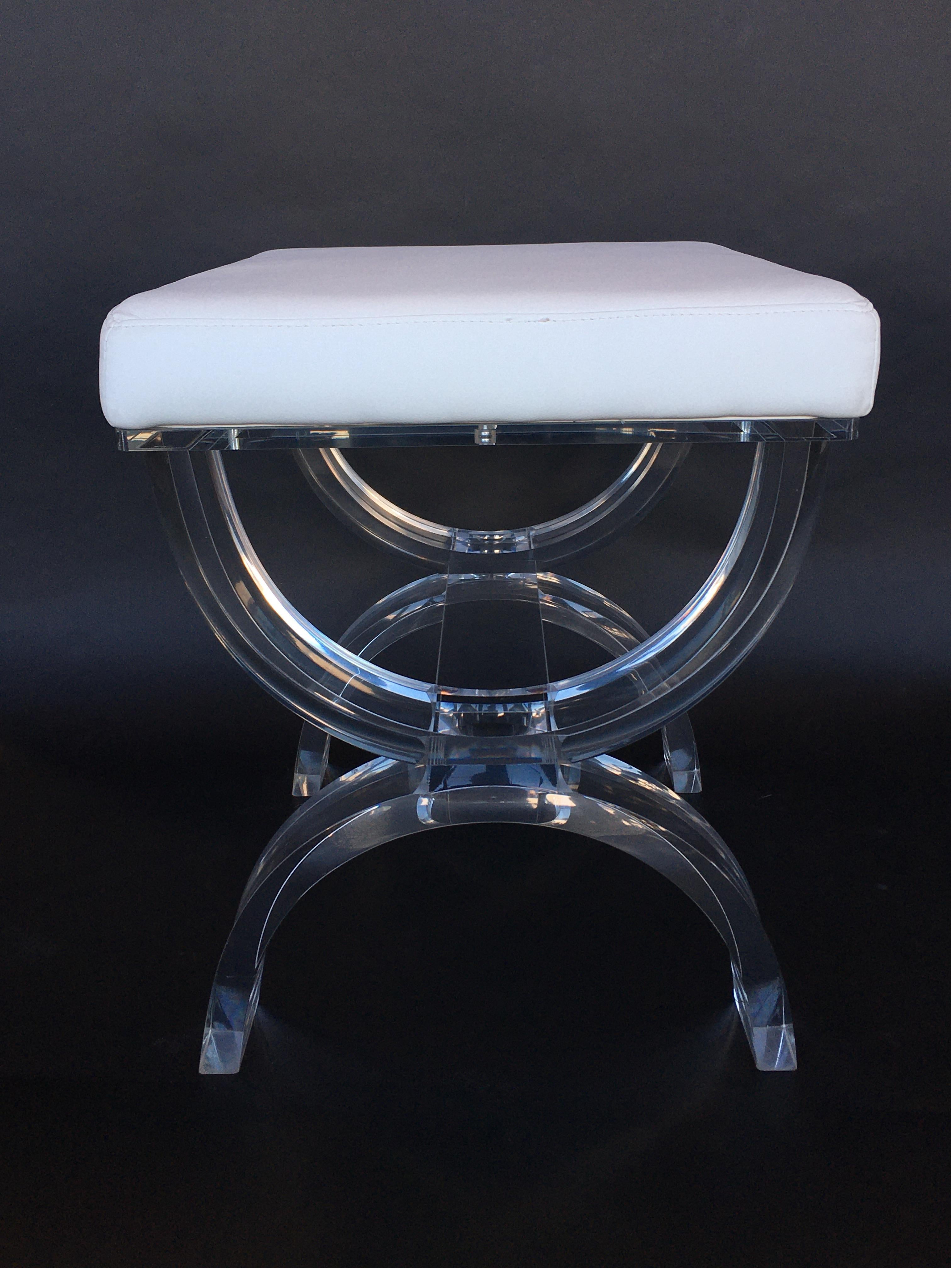Art Deco White Leather Stool with Lucite Legs