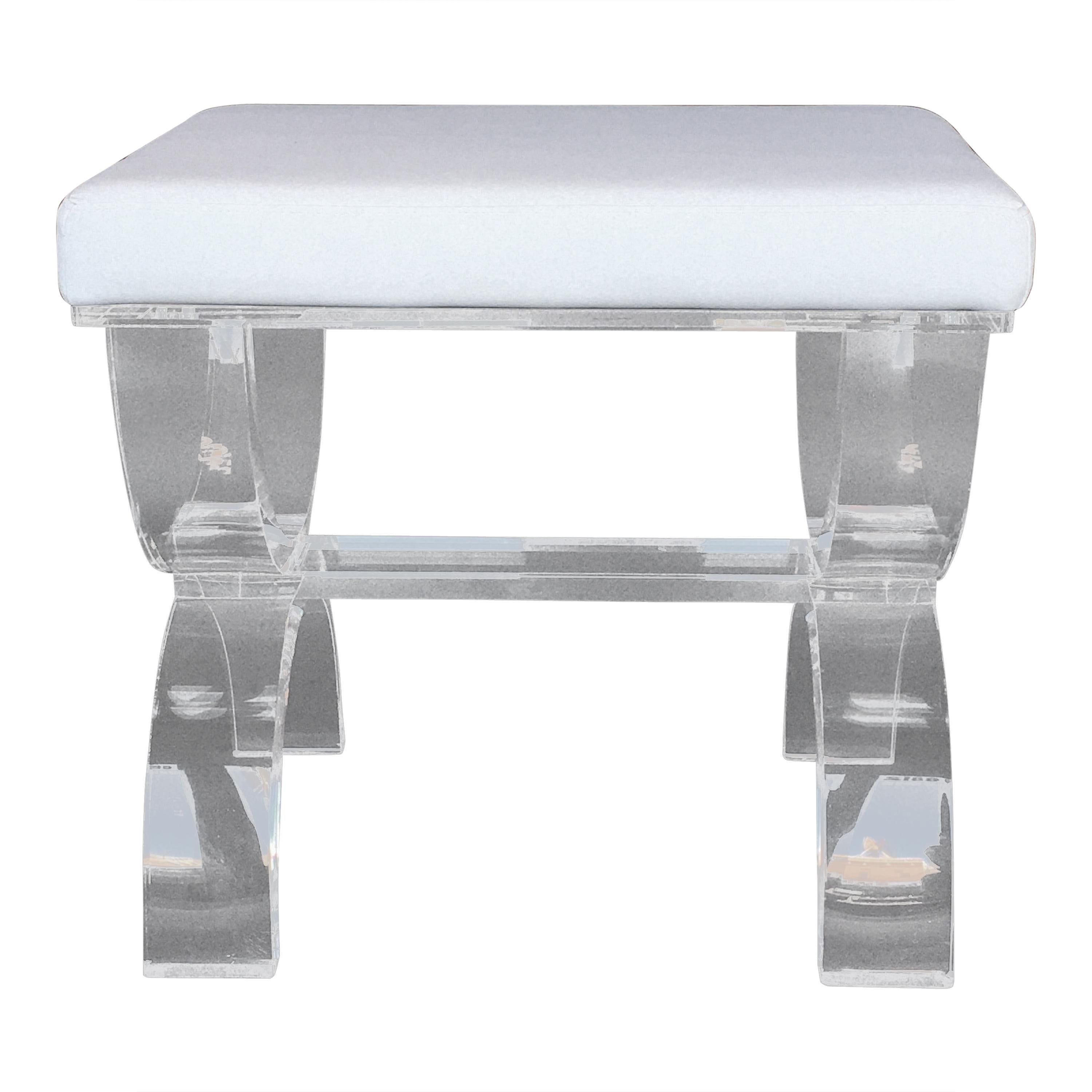 White Leather Stool with Lucite Legs