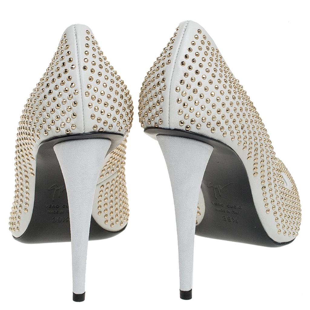 Women's White Leather Stud Embellished Ester Pointed Toe Pumps Size 39.5
