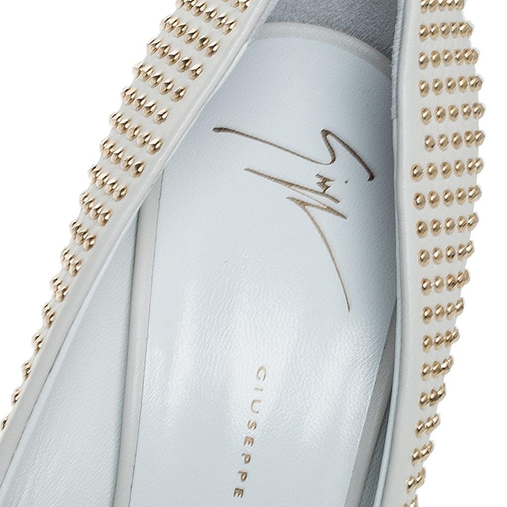 White Leather Stud Embellished Ester Pointed Toe Pumps Size 39.5 2