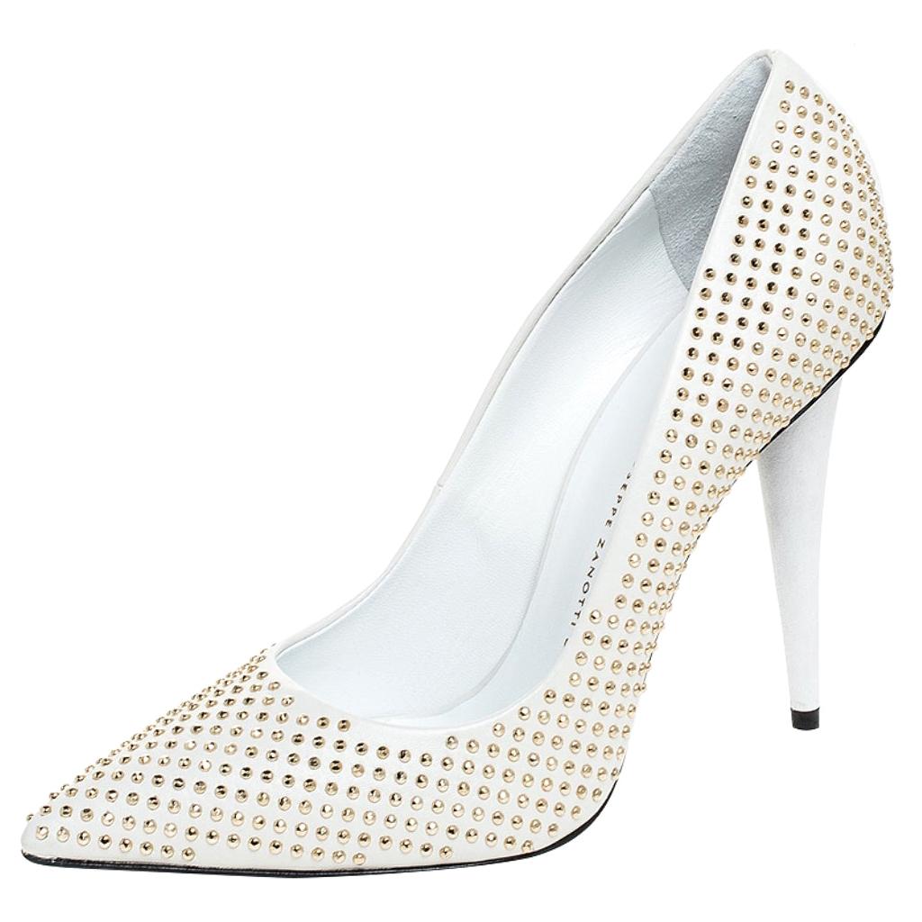 White Leather Stud Embellished Ester Pointed Toe Pumps Size 39.5