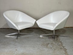 White Leather Swivel Lounge Chairs by Jeffrey Bernett for Bernhardt
