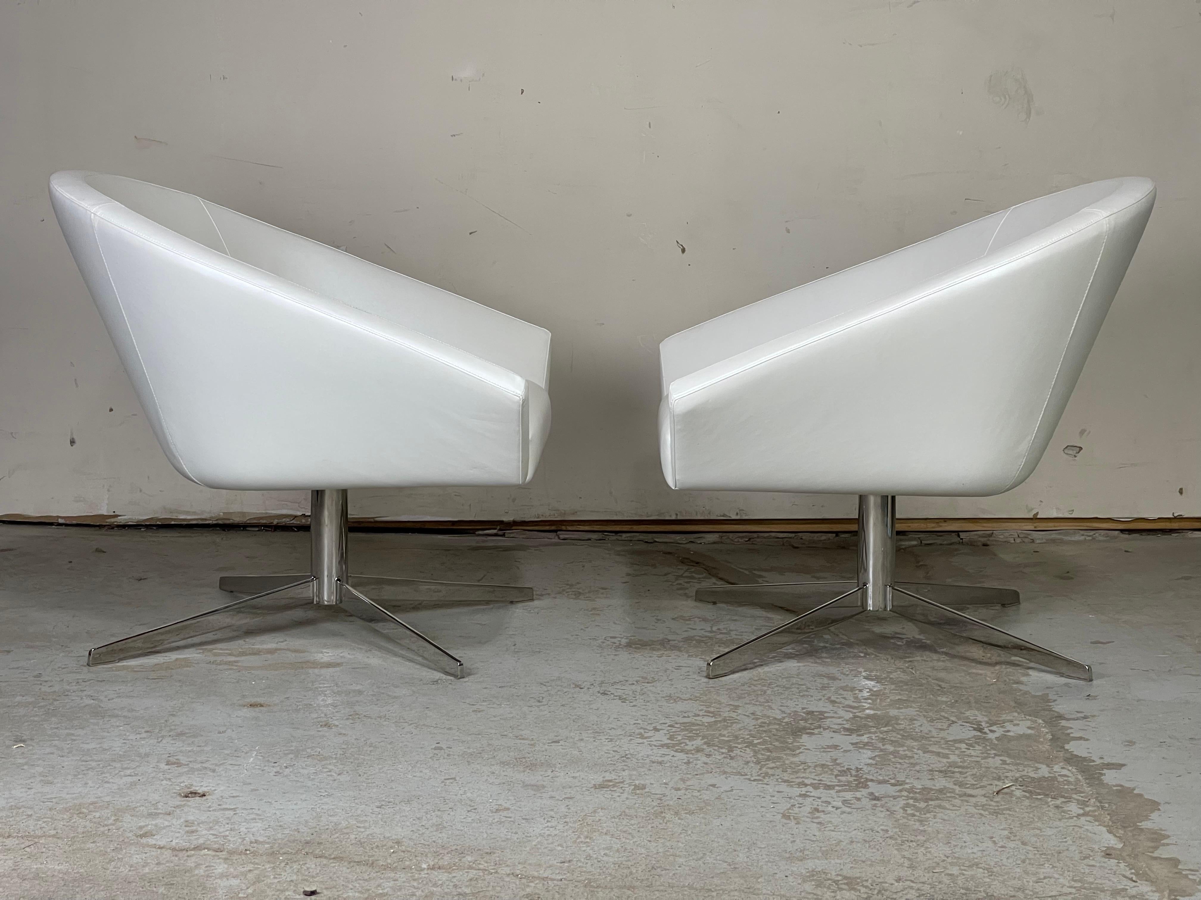 Metal White Leather Swivel Lounge Chairs by Jeffrey Bernett for Bernhardt