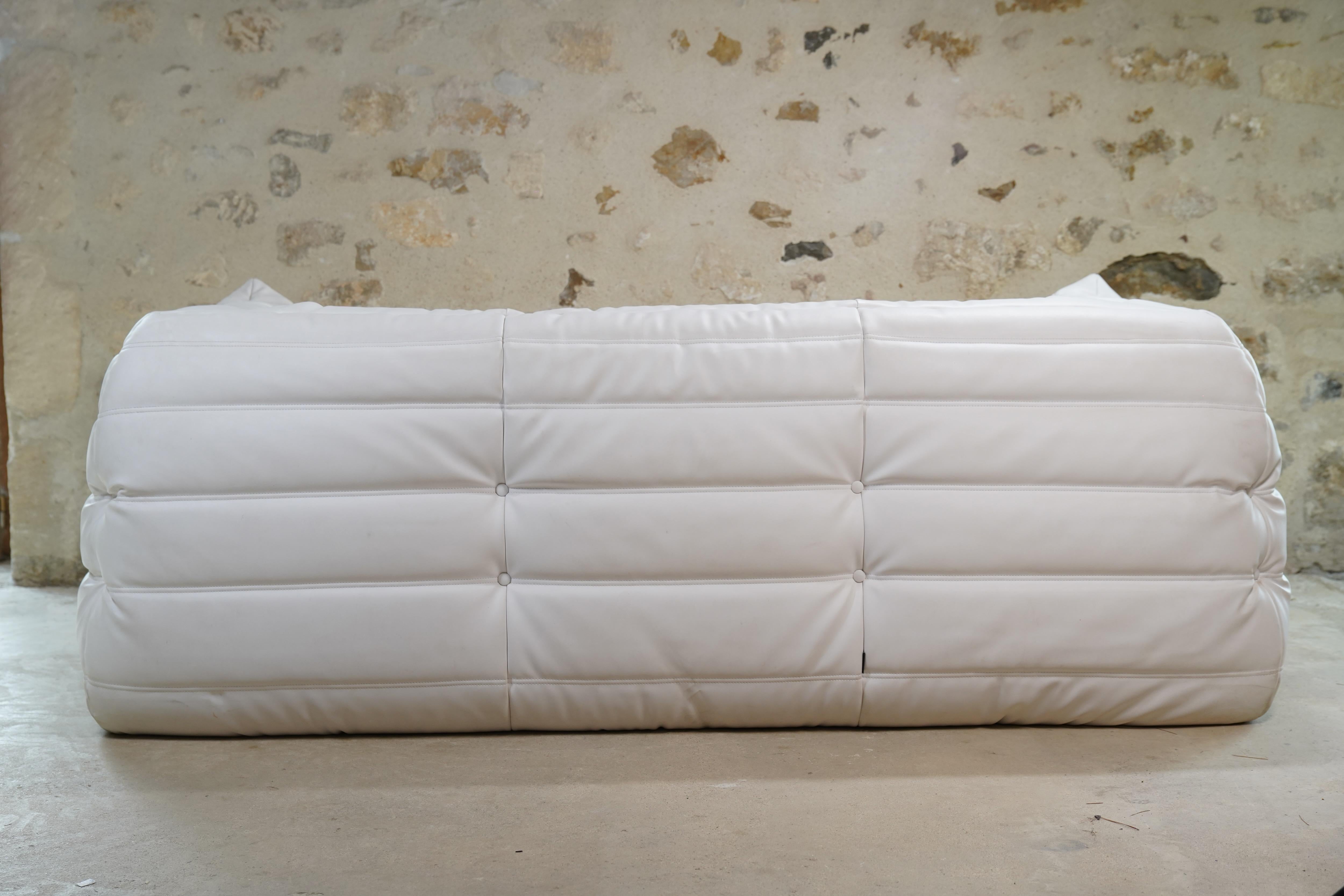 French White Leather Three-Seater Togo Sofa w/ Arms by Ligne Roset, 2008 (2 Available) For Sale
