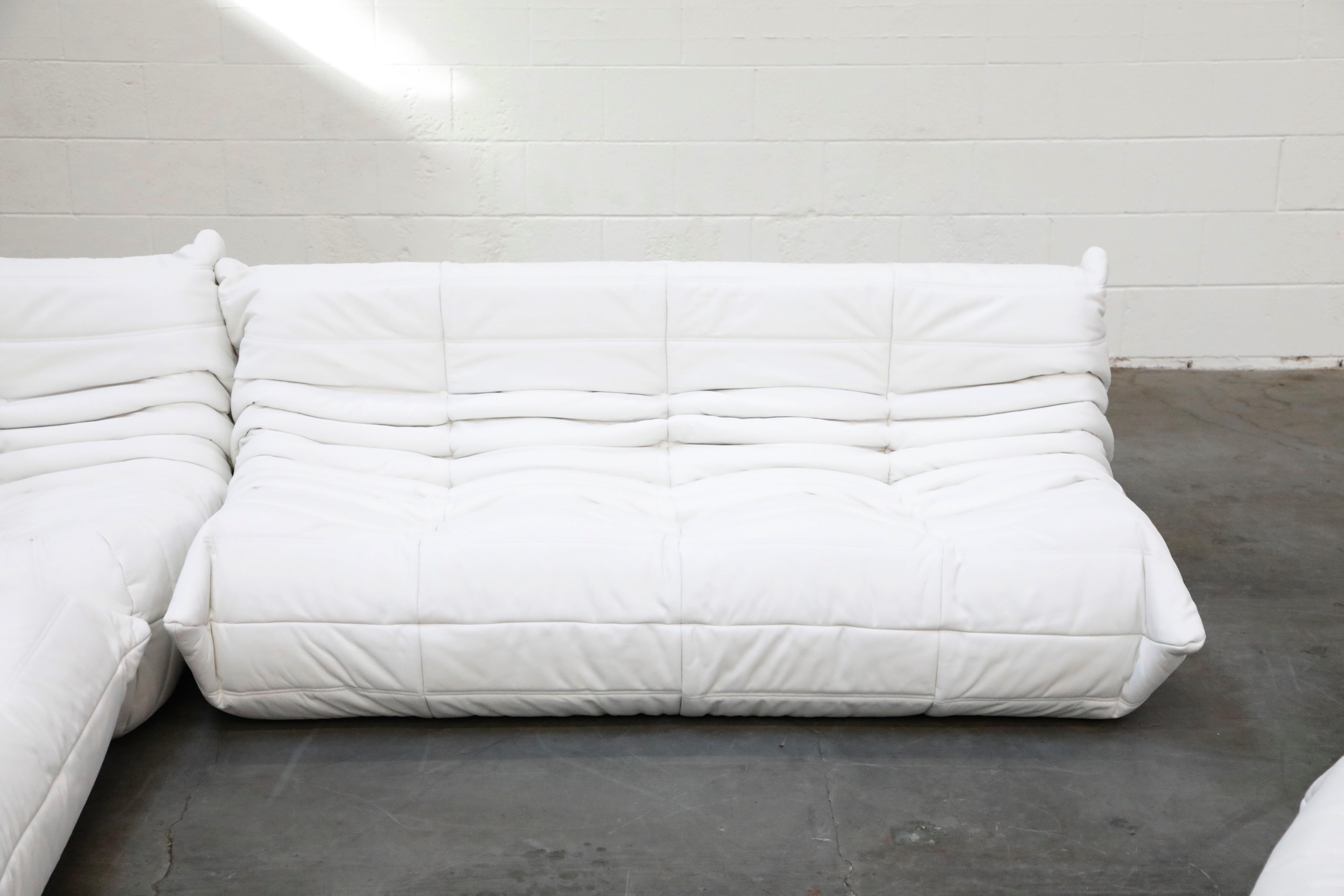 White Leather 'Togo' Three-Piece Sofa by Michel Ducaroy for Ligne Roset, Signed 1