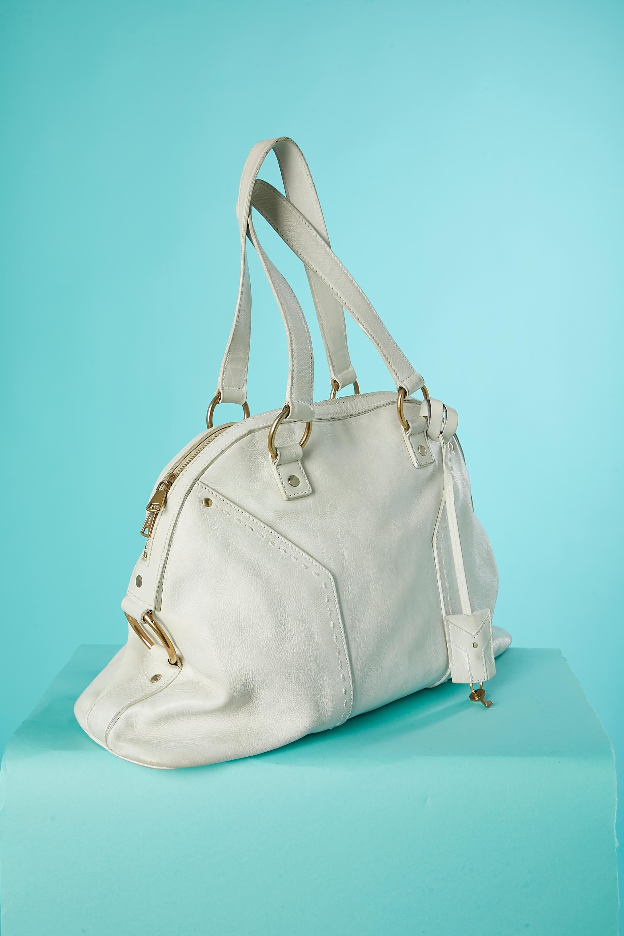 Grigio Borsa con manico in pelle bianca 