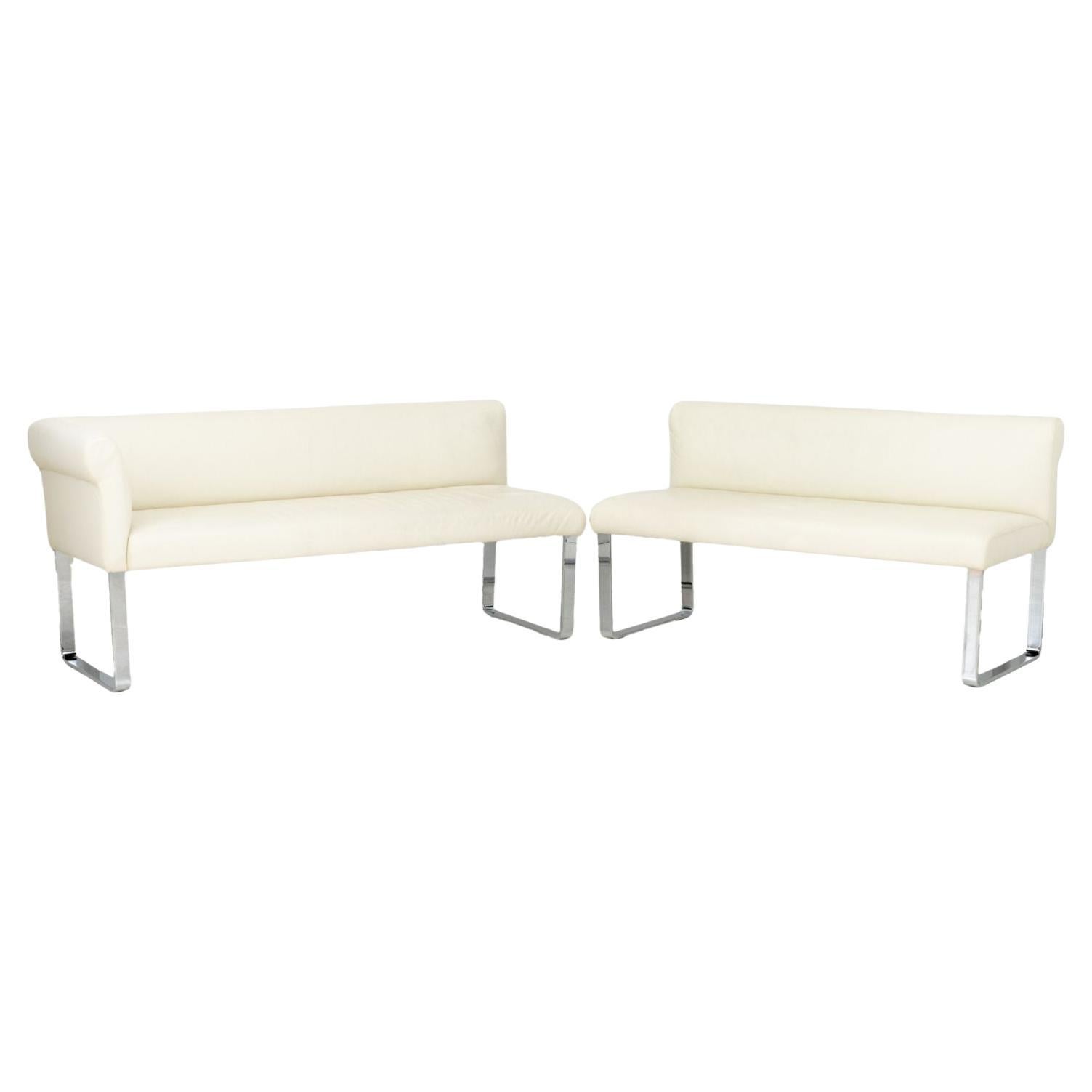 Weißes Leder, gepolstert, Chrom-Bankette, Paar