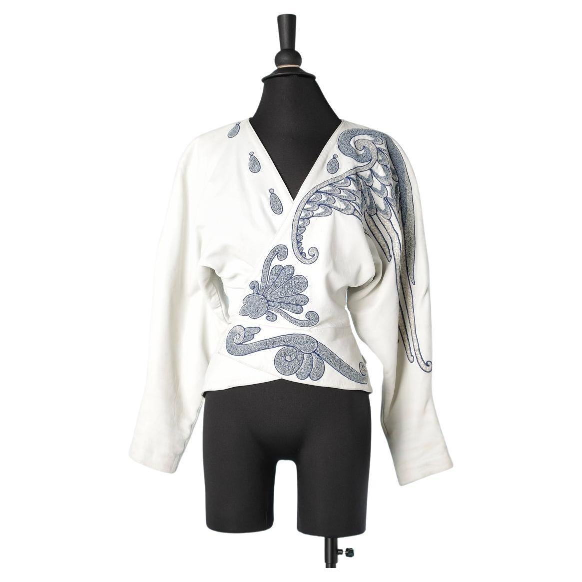 White leather wrap evening jacket with threads embroideries Jean-Claude Jitrois 