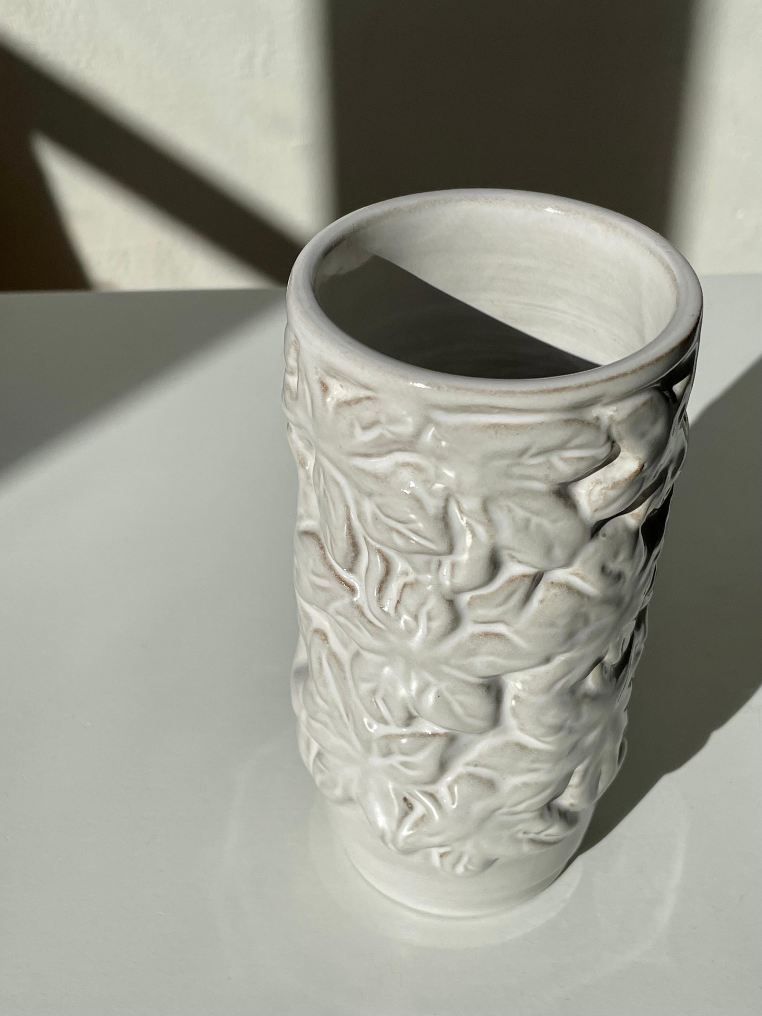 Danish White Leaves Decor Vintage Vase  For Sale