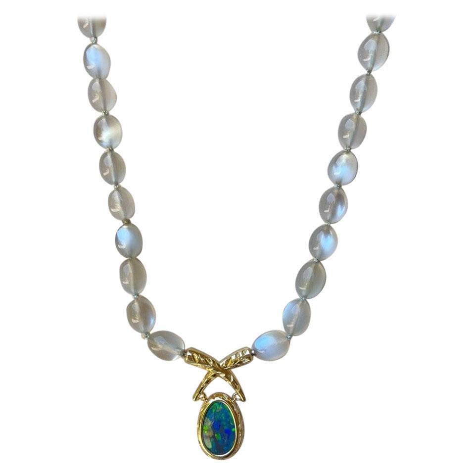White Lentil Moonstone Necklace with an 18k Yellow Gold Black Opal Clasp For Sale