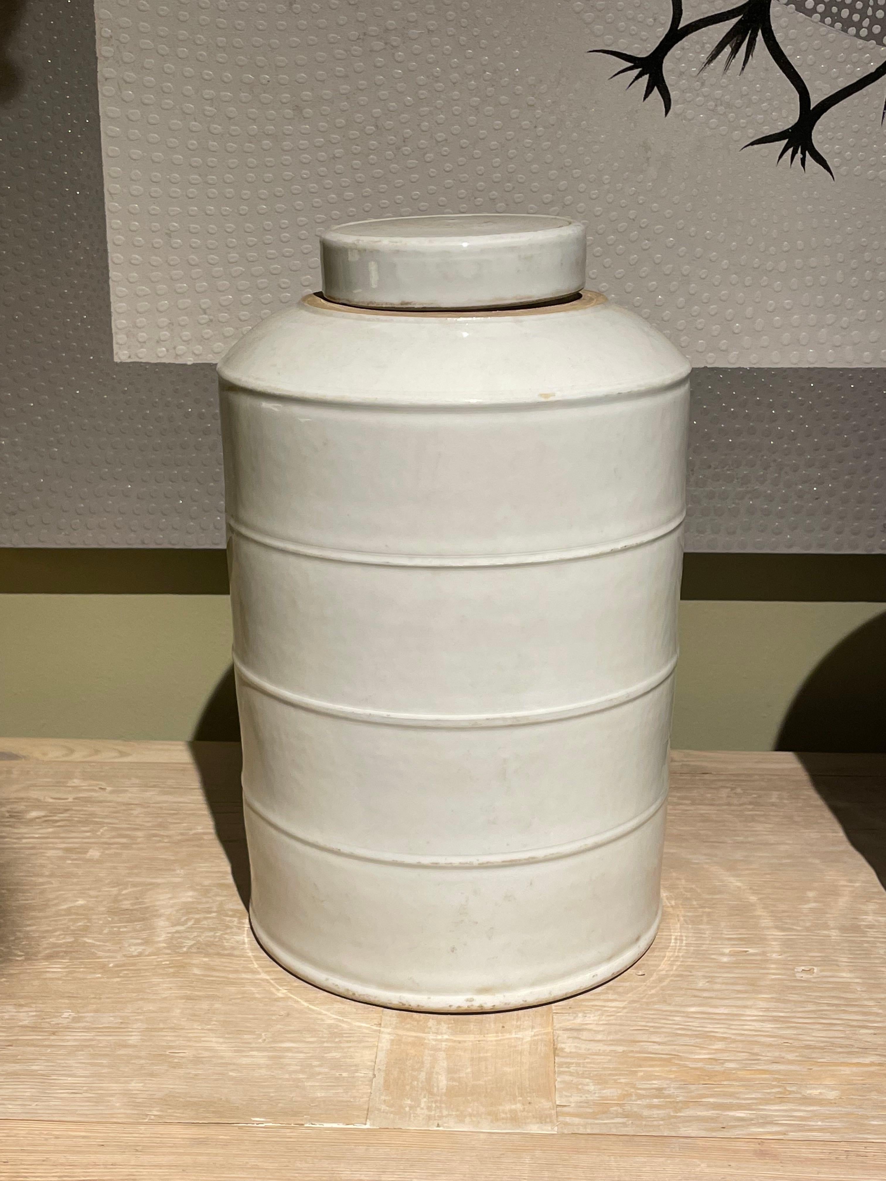 Contemporary Chinese pair of white lidded canisters.
Raised horizontal decorative bands.
ARRIVING NOVEMBER.