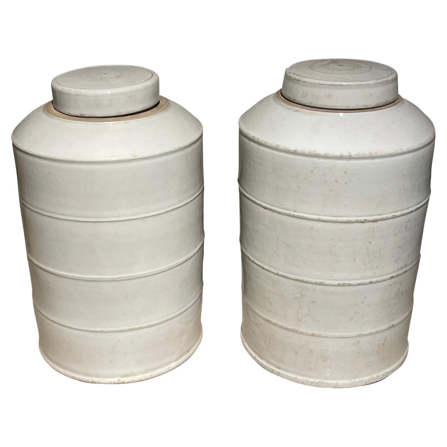 White Lidded Pair of Canisters, China, Contemporary For Sale