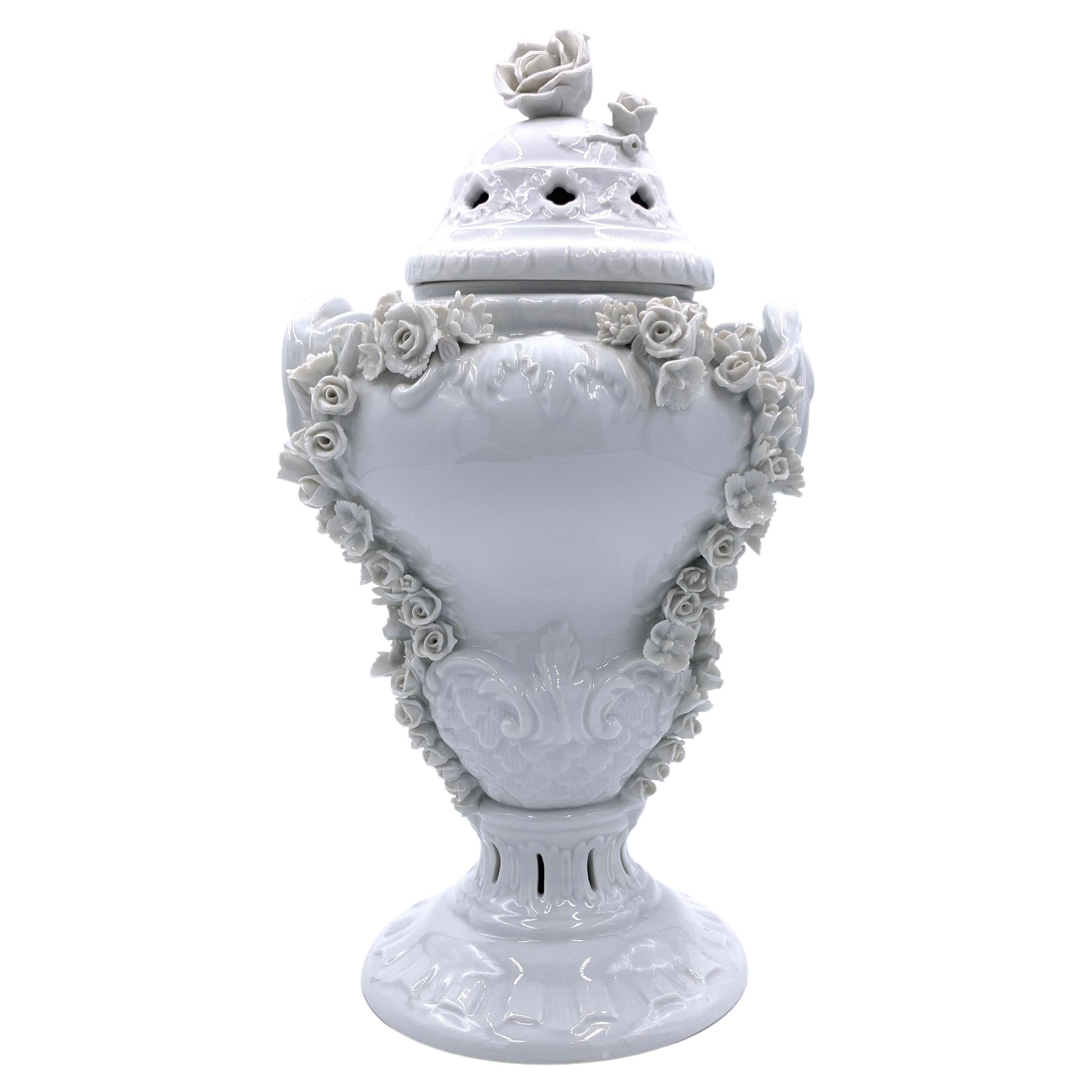White Lidded Porcelain Urn, Signed Herend, 20th Century, Hungary For Sale