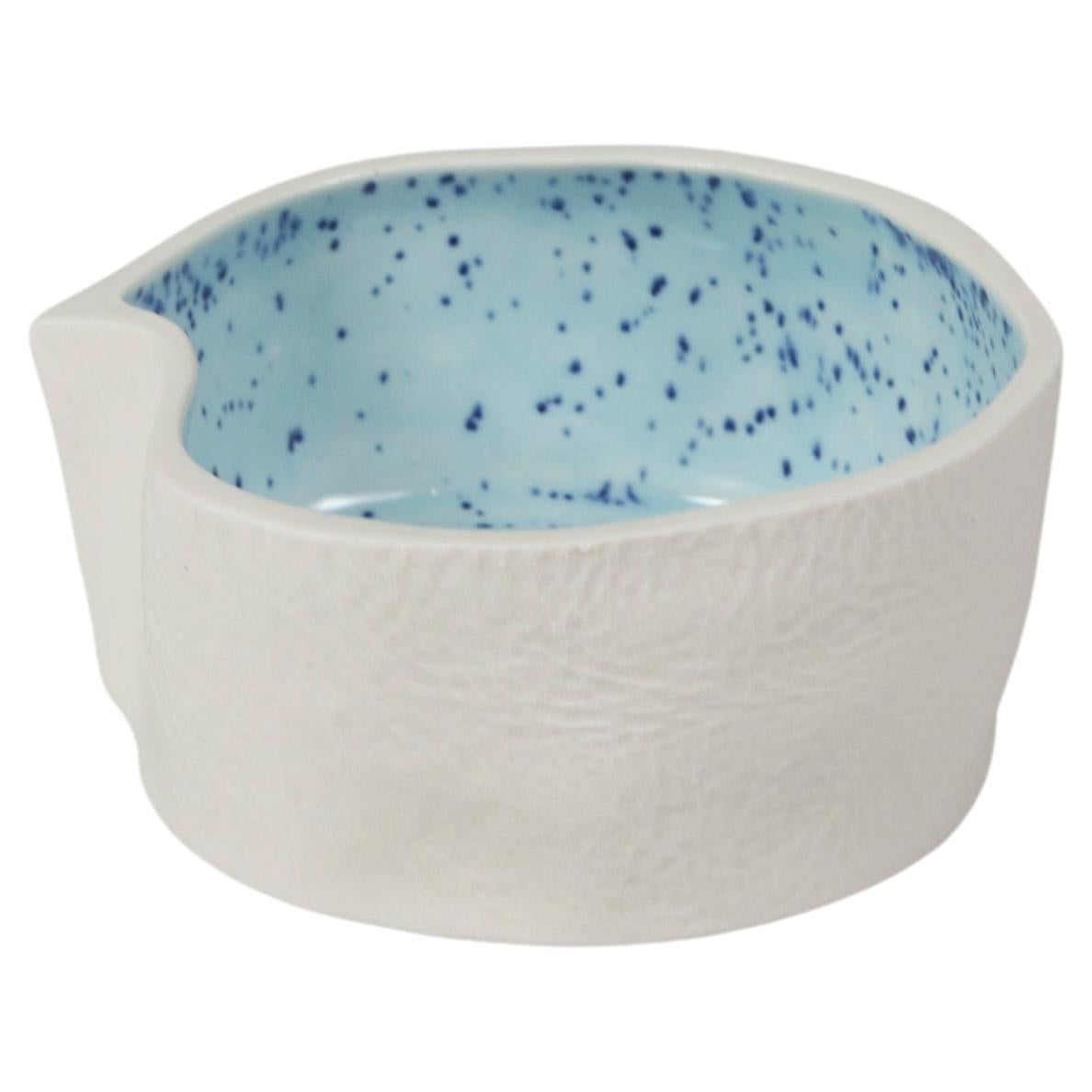 White & Light Blue Small Ceramic Kawa Dish, Textured Porcelain Catchall Bowl For Sale