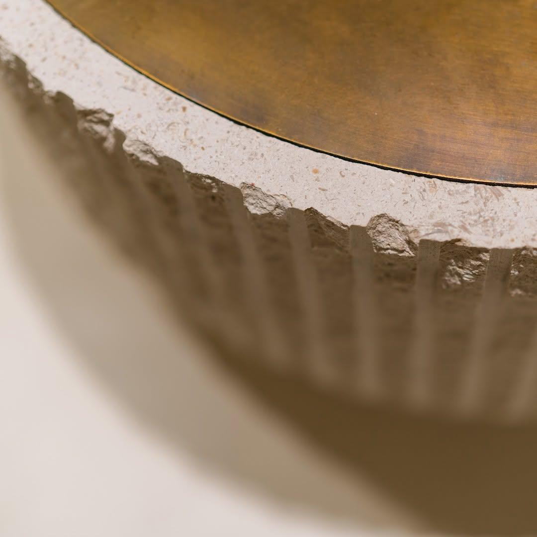 White Limestone and Patinated Brass Sculpted Coffee Table 60 by Frederic Saulou For Sale 6