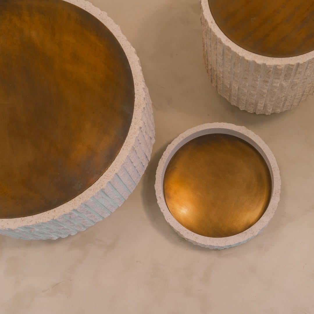 White Limestone and Patinated Brass Sculpted Coffee Table 60 by Frederic Saulou For Sale 8