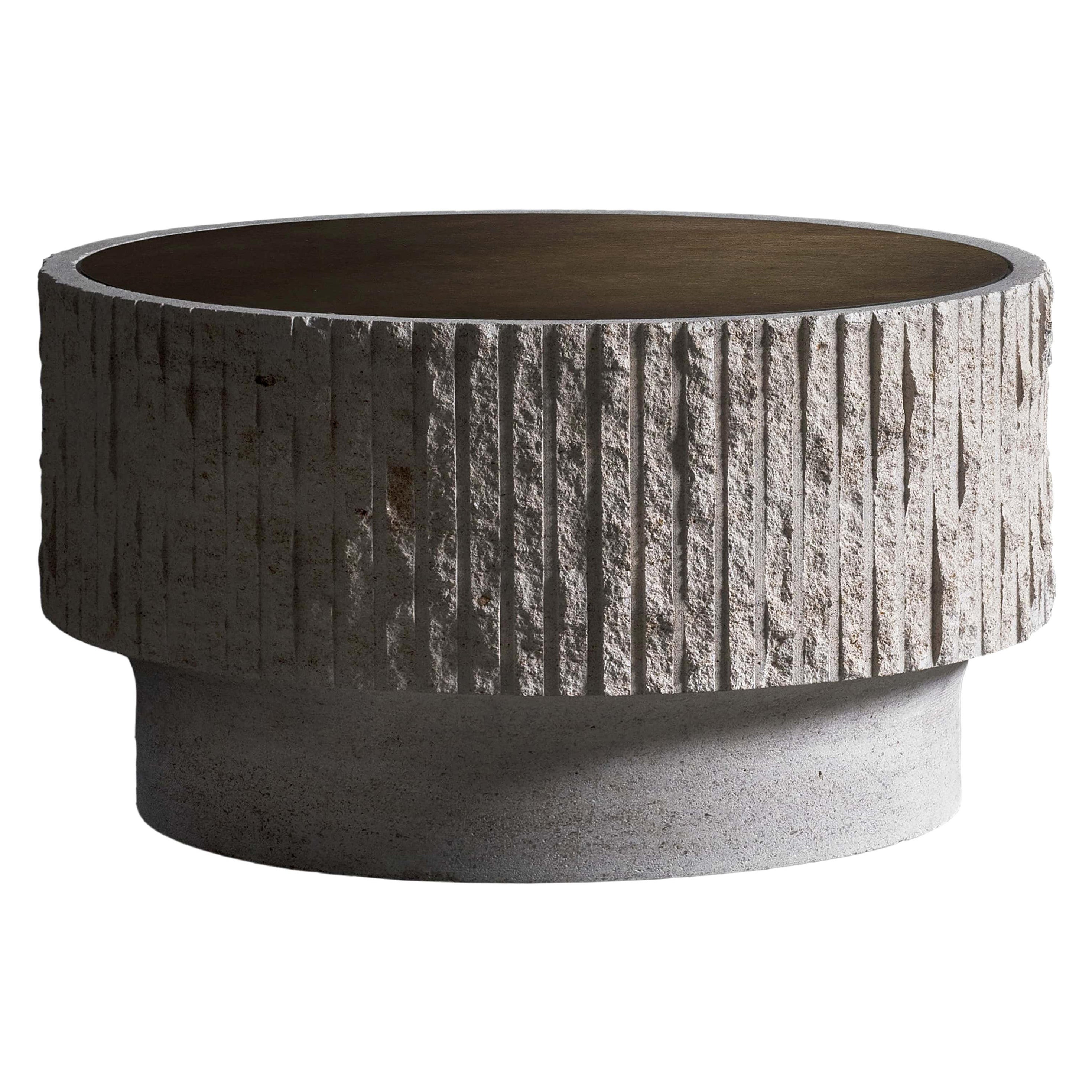White Limestone and Patinated Brass Sculpted Coffee Table 60 by Frederic Saulou