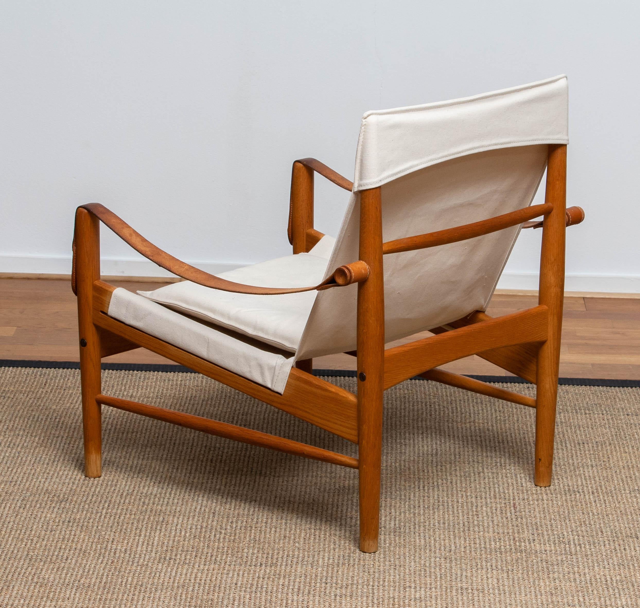 Suédois Chaise Safari en lin/toile blanc et chêne de Hans Olsen pour Viska Suède, années 1960 en vente