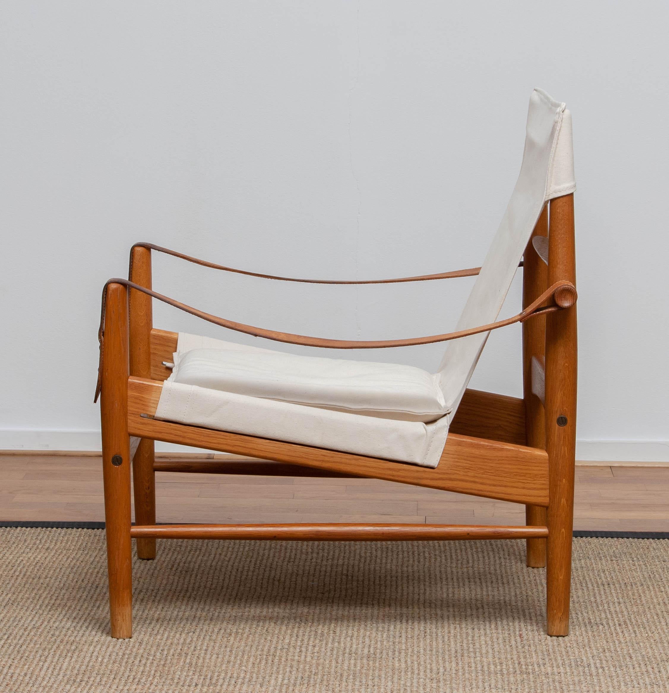 Milieu du XXe siècle Chaise Safari en lin/toile blanc et chêne de Hans Olsen pour Viska Suède, années 1960 en vente