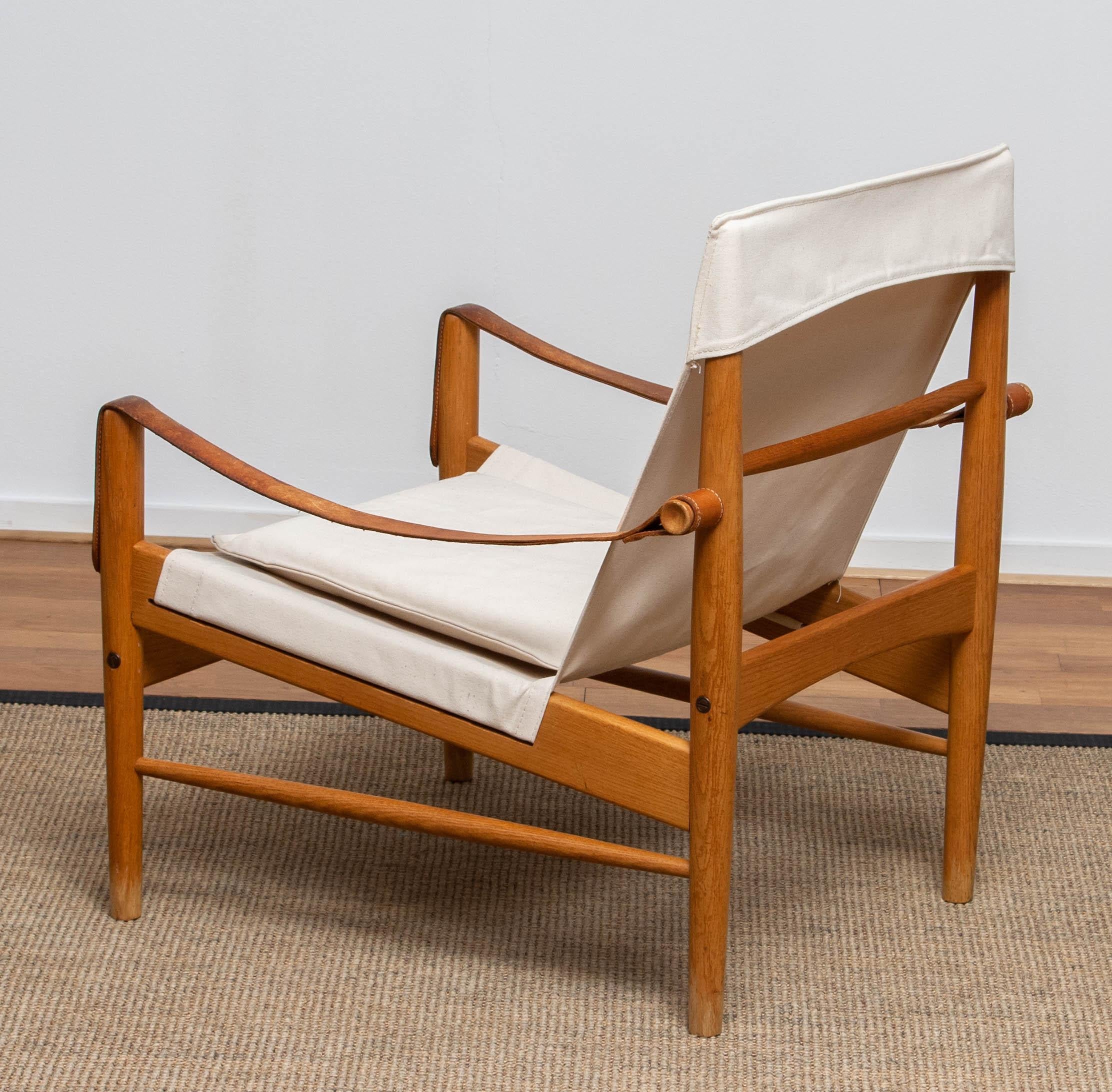 White Linen / Canvas And Oak Safari Chair By Hans Olsen For Viska Sweden 1960s For Sale 1