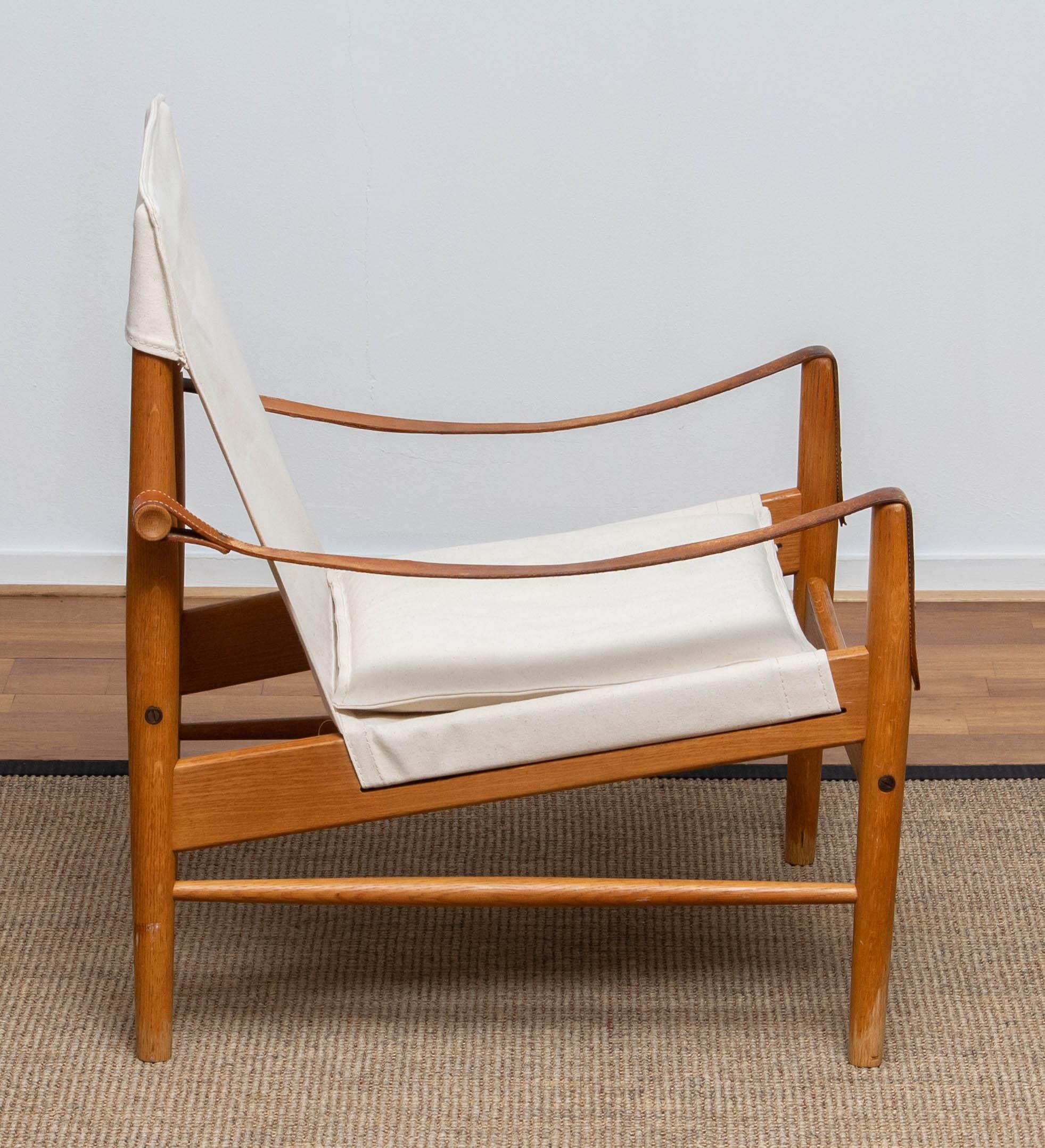 White Linen / Canvas And Oak Safari Chair By Hans Olsen For Viska Sweden 1960s For Sale 3
