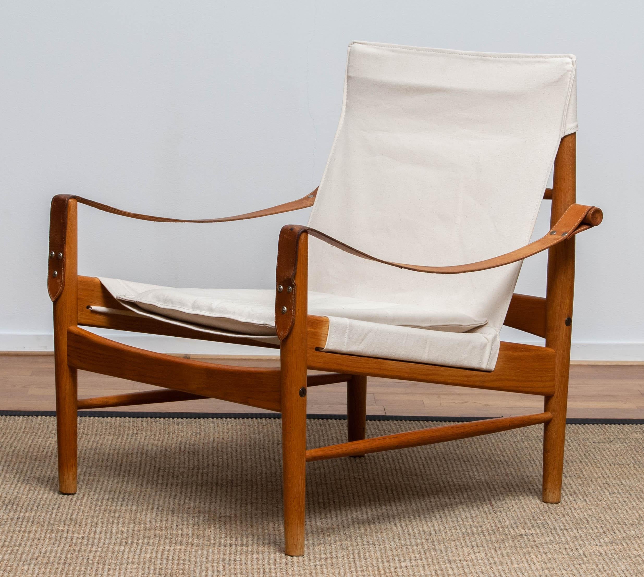 Chaise Safari en lin/toile blanc et chêne de Hans Olsen pour Viska Suède, années 1960 en vente 2