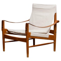 Safari-Stuhl aus weißem Leinen / Segeltuch und Eiche von Hans Olsen für Viska Schweden, 1960er Jahre
