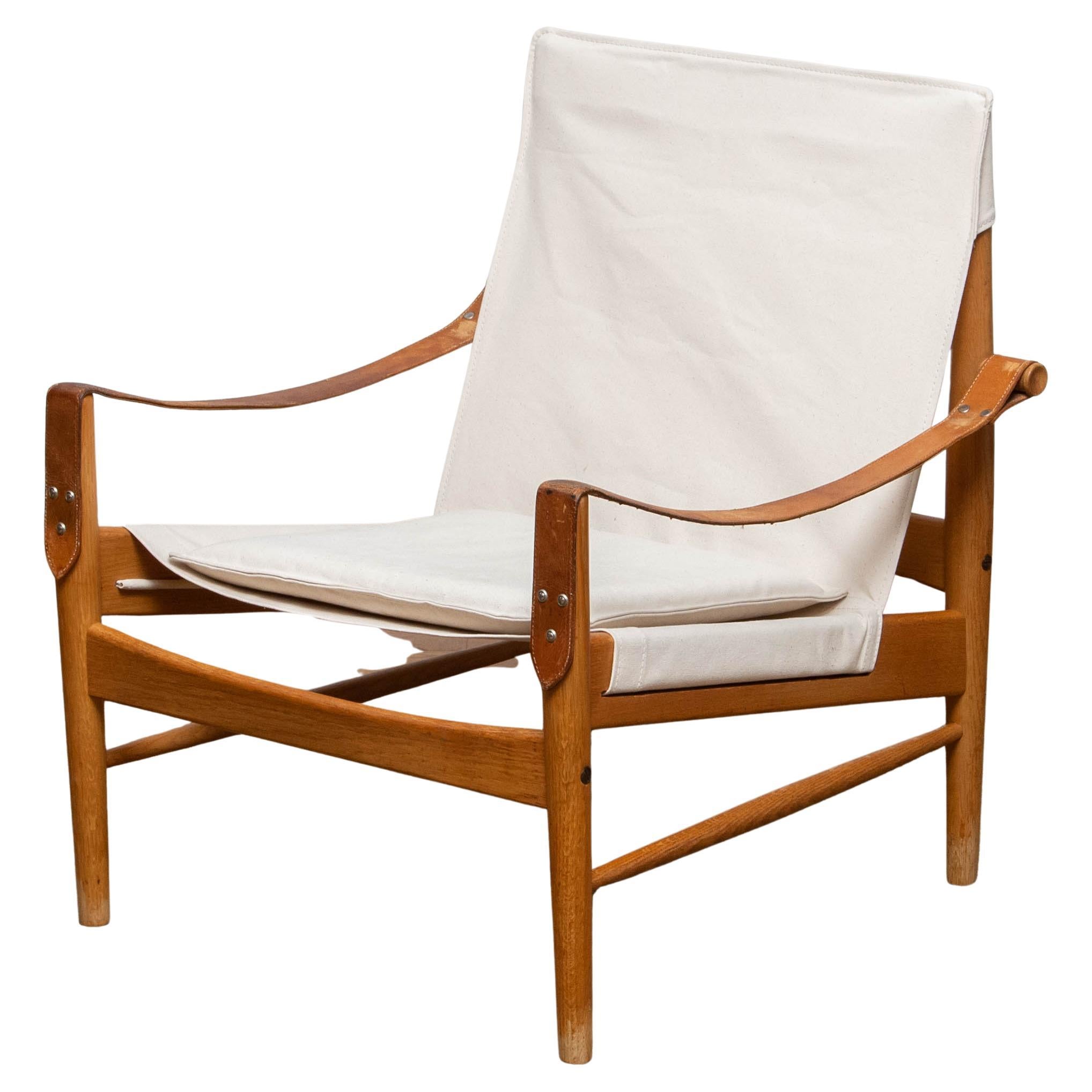 Chaise Safari en lin/toile blanc et chêne de Hans Olsen pour Viska Suède, années 1960 en vente