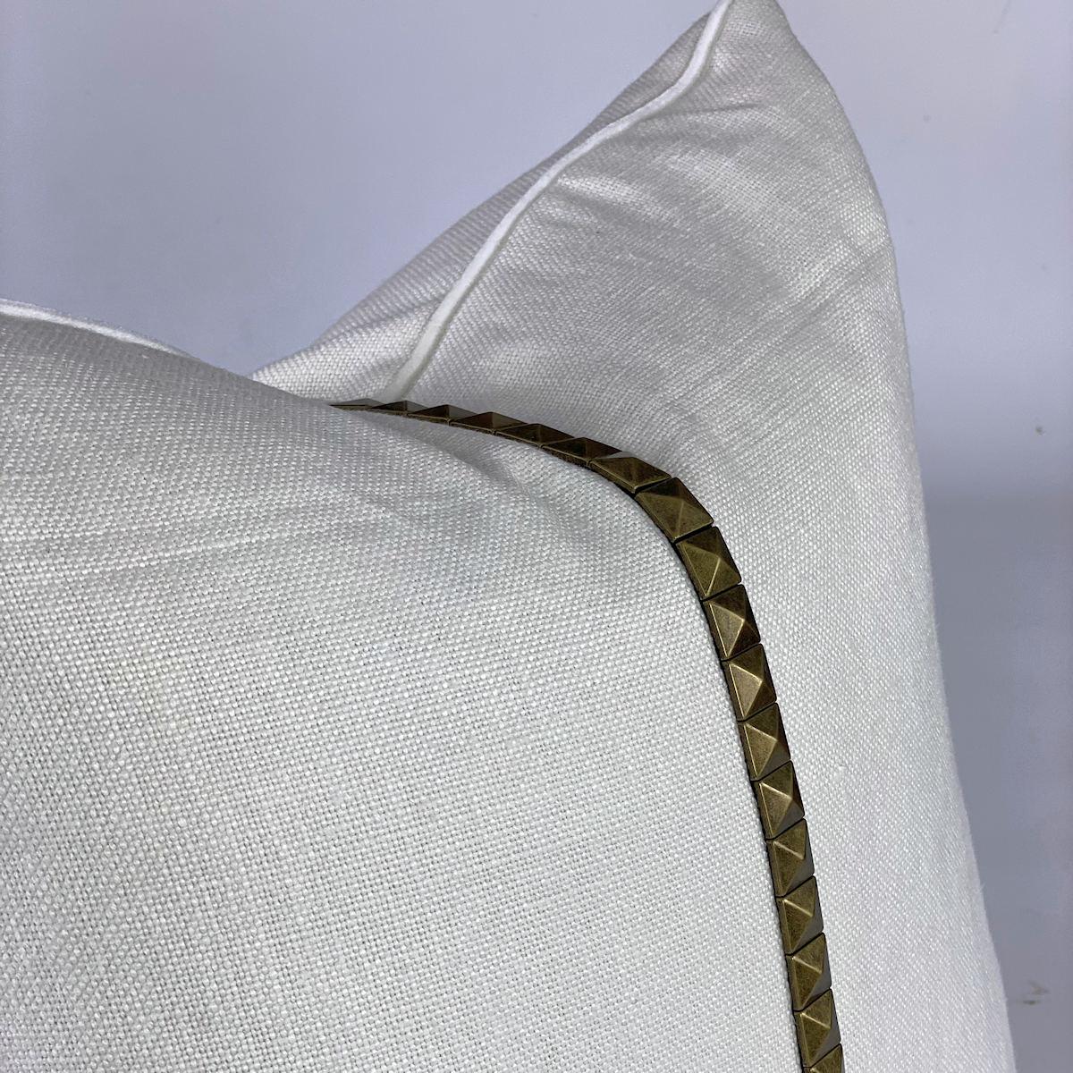 Modern White Linen Pillow, Gold Stud For Sale