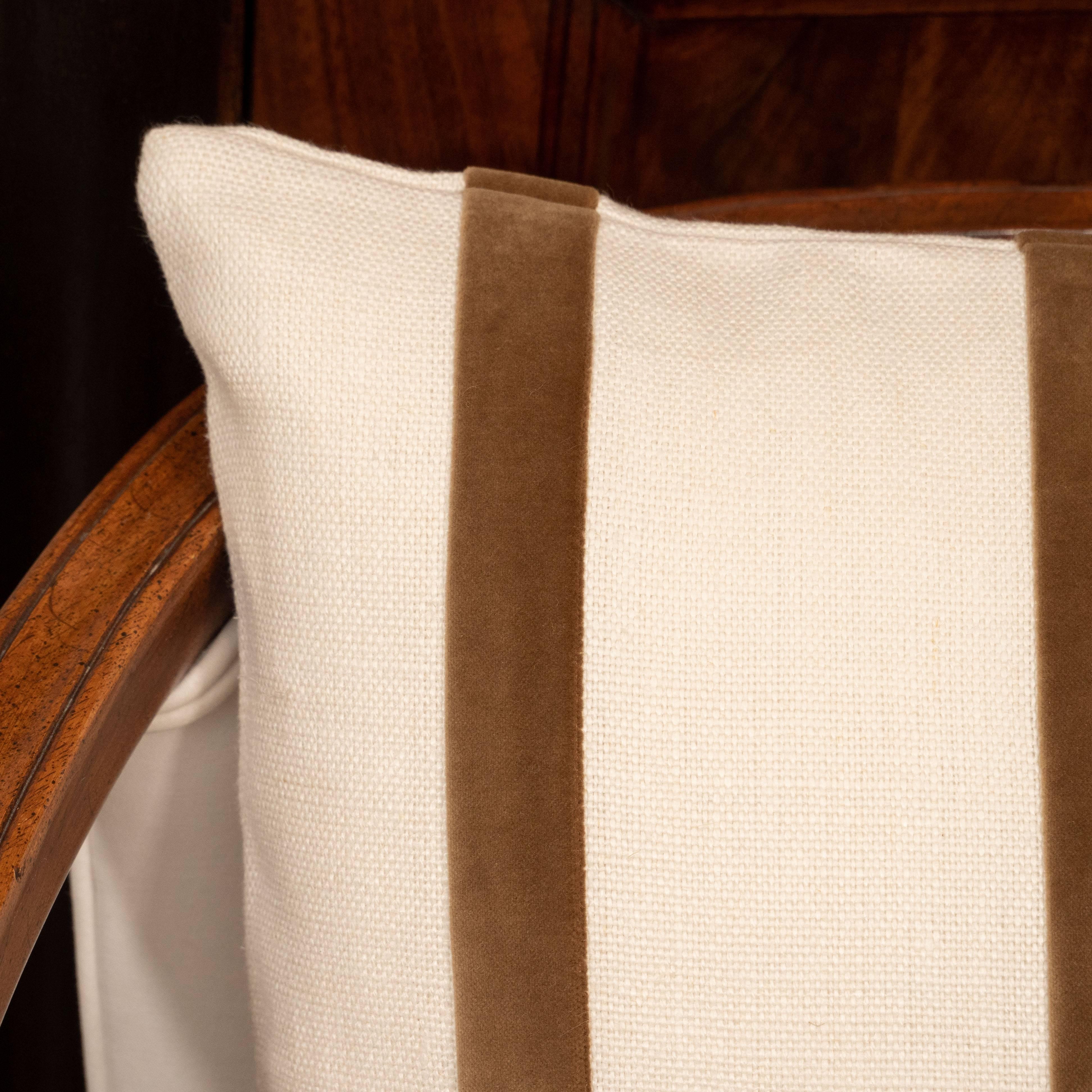 American White Linen Pillow with Brown Velvet Stripe