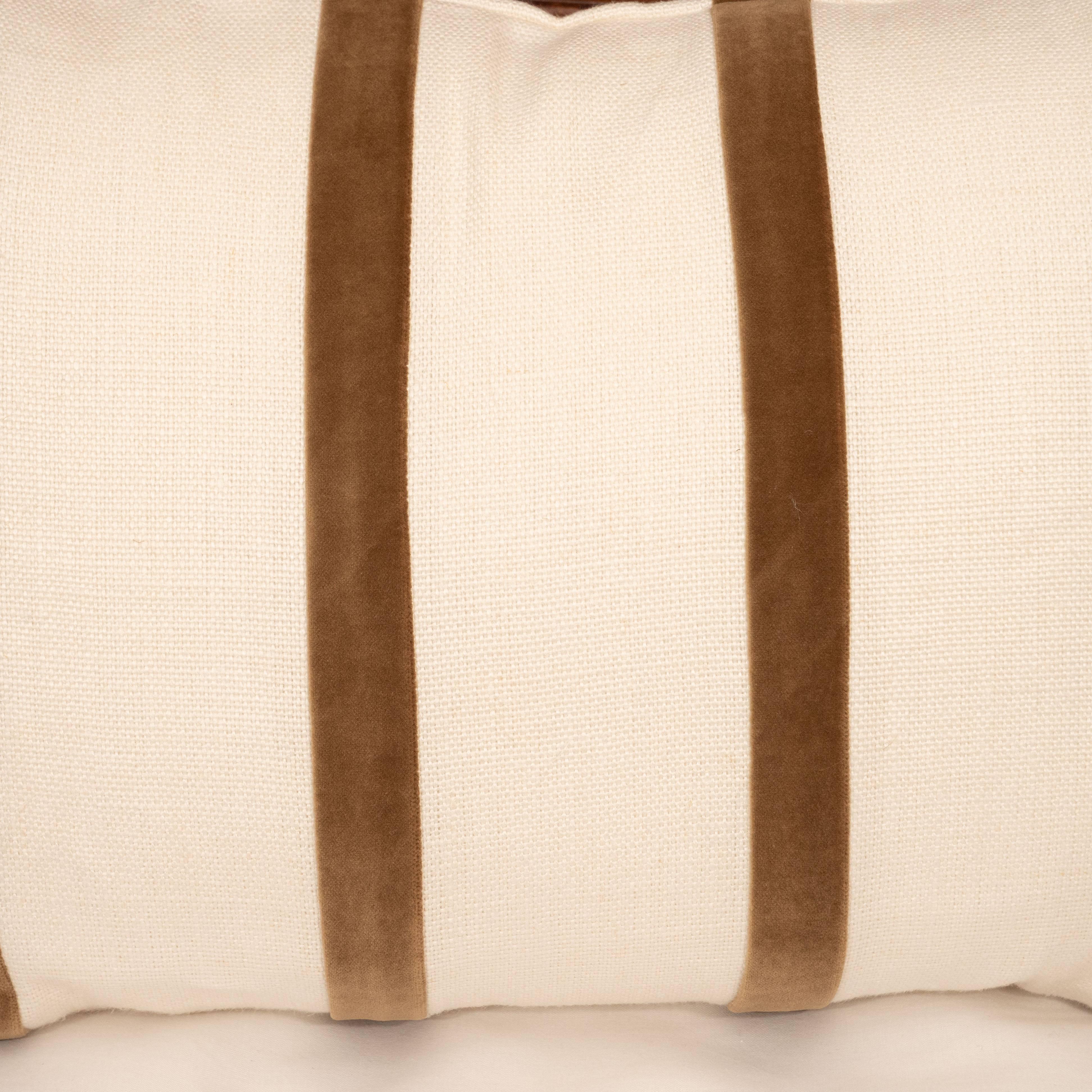 White Linen Pillow with Brown Velvet Stripe In Excellent Condition In New York, NY