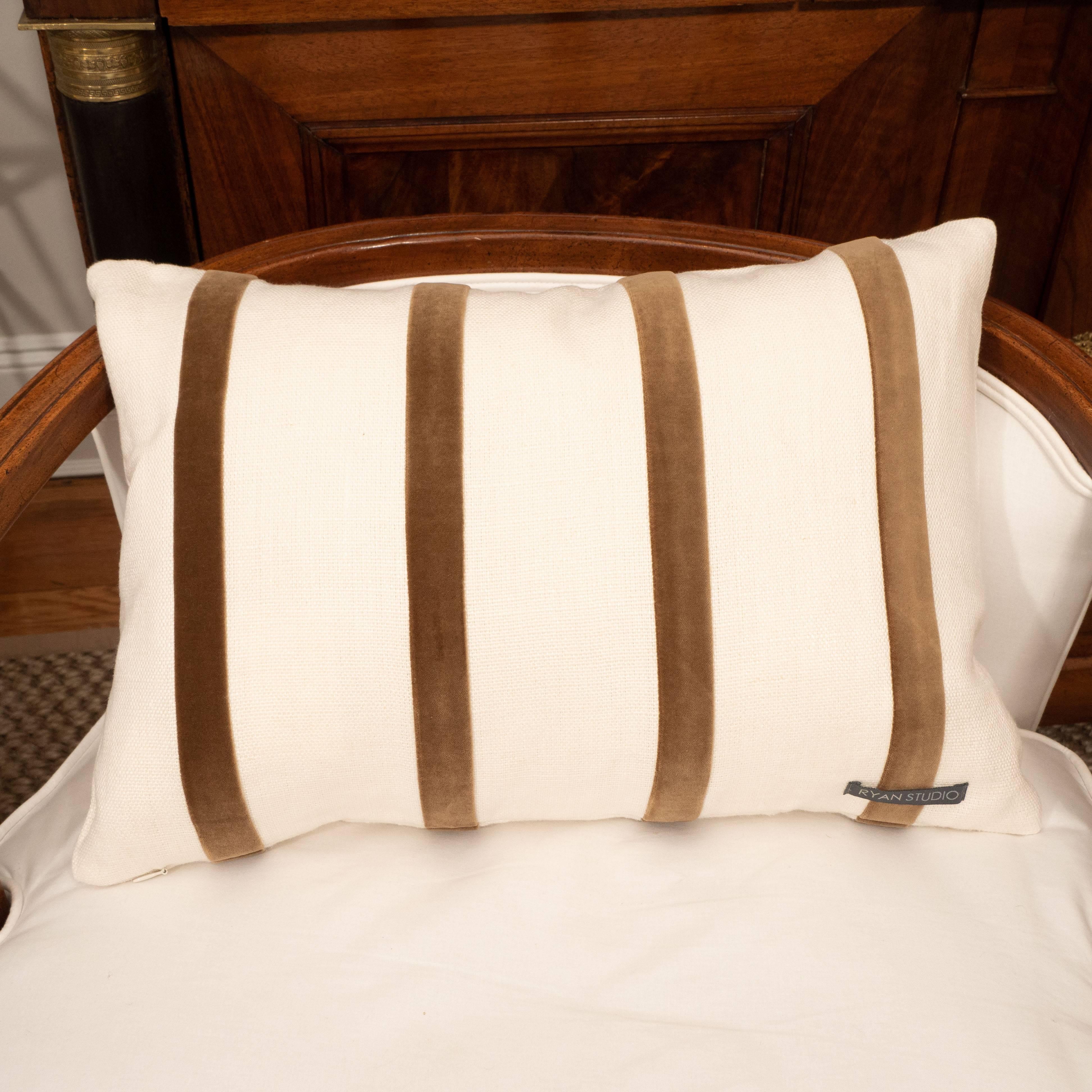 White Linen Pillow with Brown Velvet Stripe 2