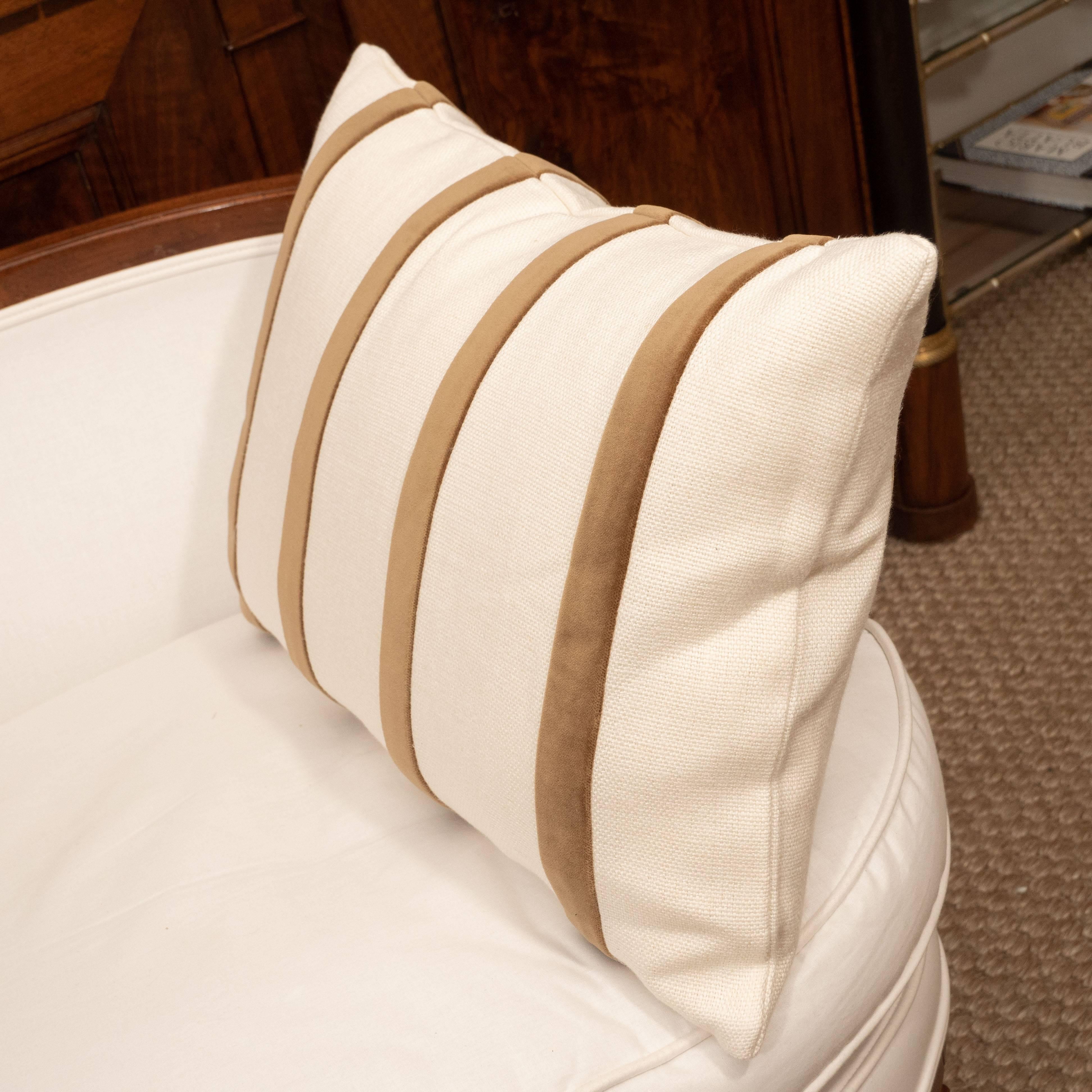 White Linen Pillow with Brown Velvet Stripe 4
