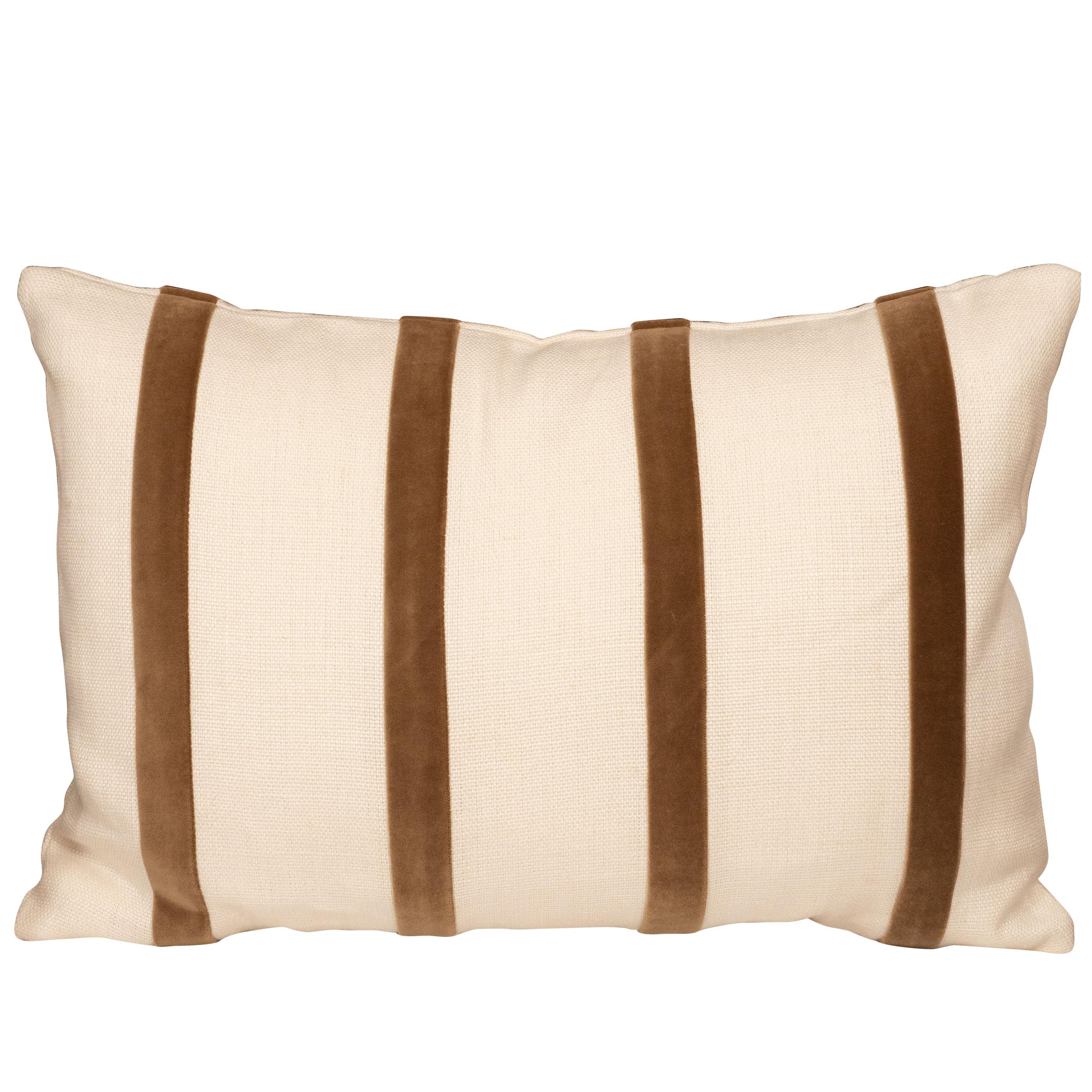 White Linen Pillow with Brown Velvet Stripe