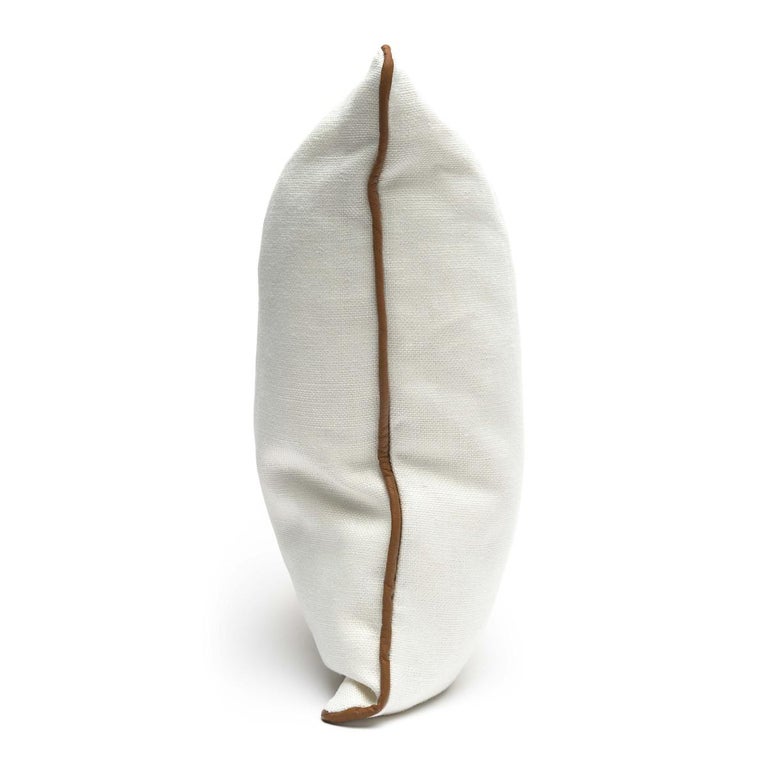 White Linen Pillow with Tan Leather Edging, Customized For Sale at 1stDibs