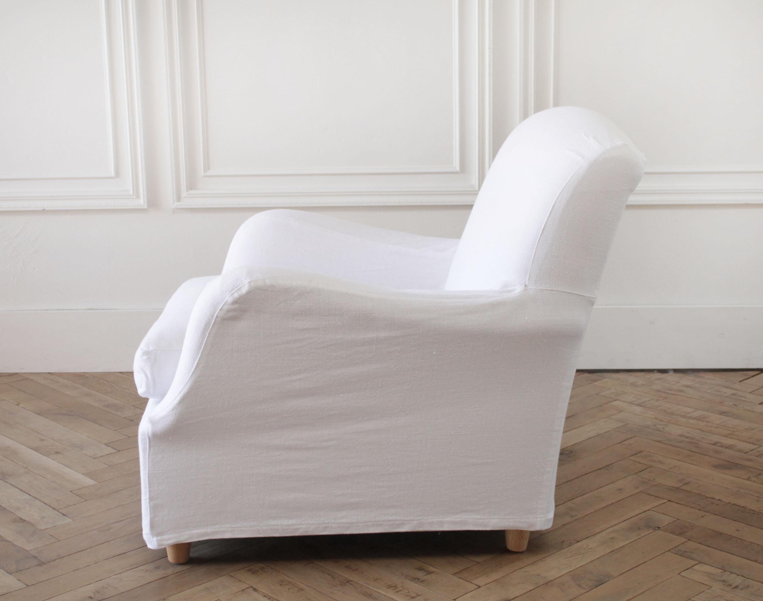 Contemporary White Linen Slip Covered English Arm Lounge Chair