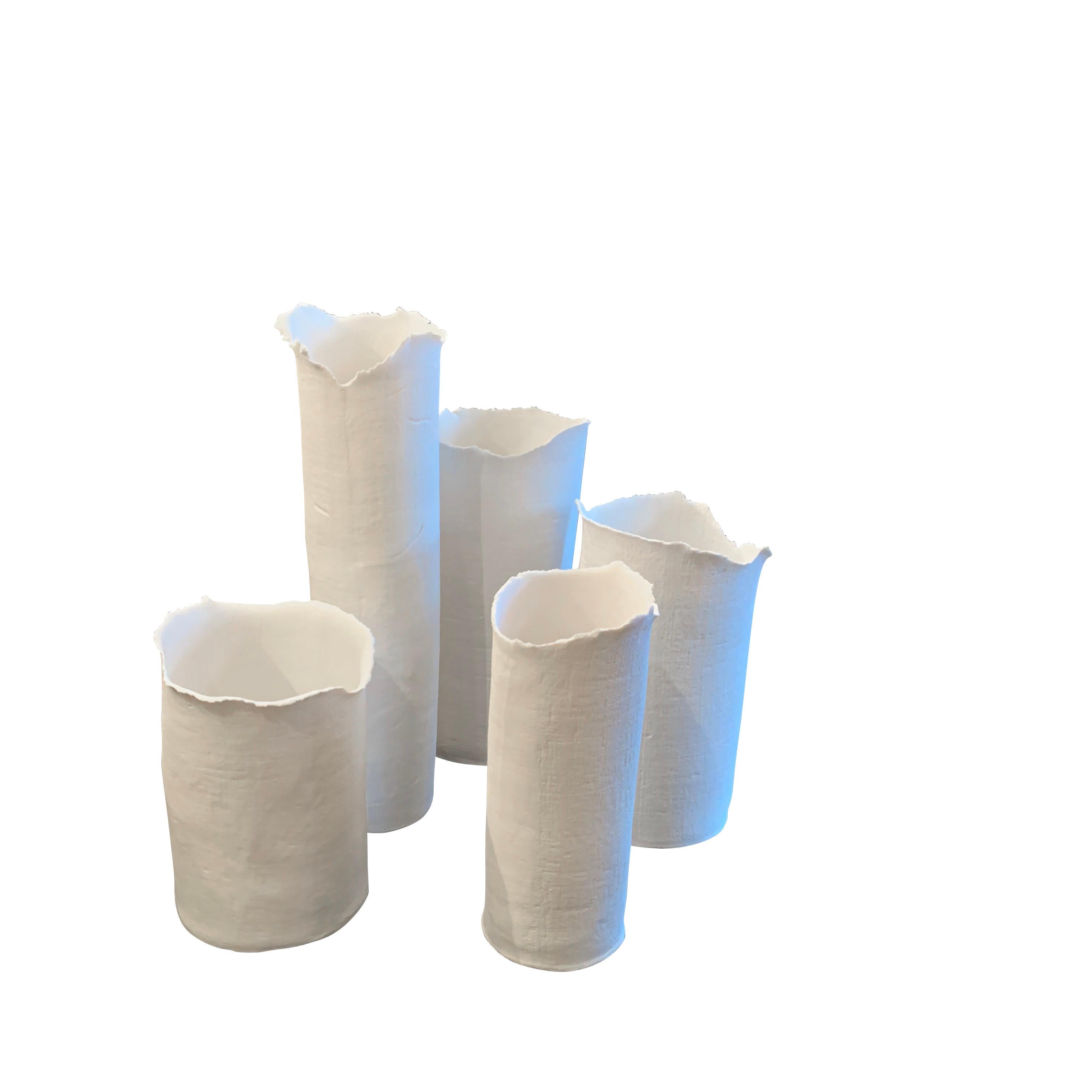 White Linen Texture Fine Ceramic Handmade Vase, France, Contemporary 1