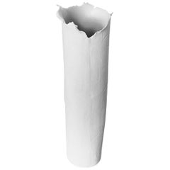 White Linen Texture Fine Ceramic Handmade Vase, France, Contemporary