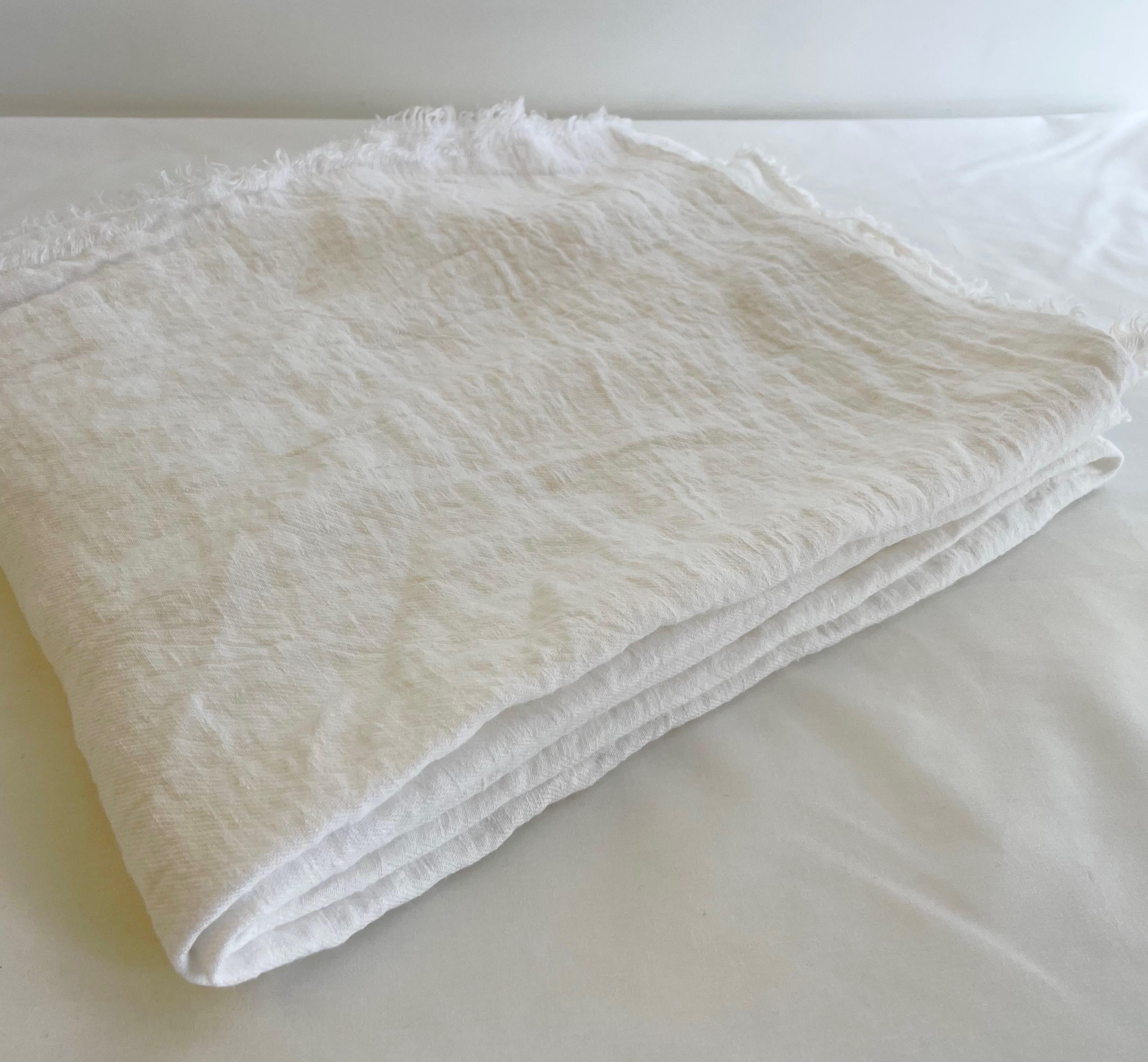 Contemporary White Linen Throw with Decorative Frayed Edges For Sale