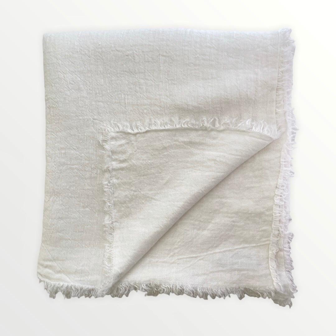 White Linen Throw with Decorative Frayed Edges For Sale 1