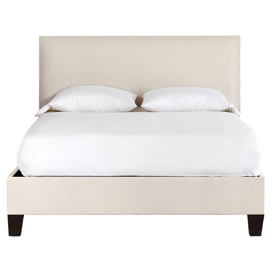 White Linen Upholstered Bed Frame Queen For Sale
