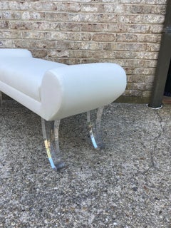 White Linen Upholstered Bench with Lucite Legs