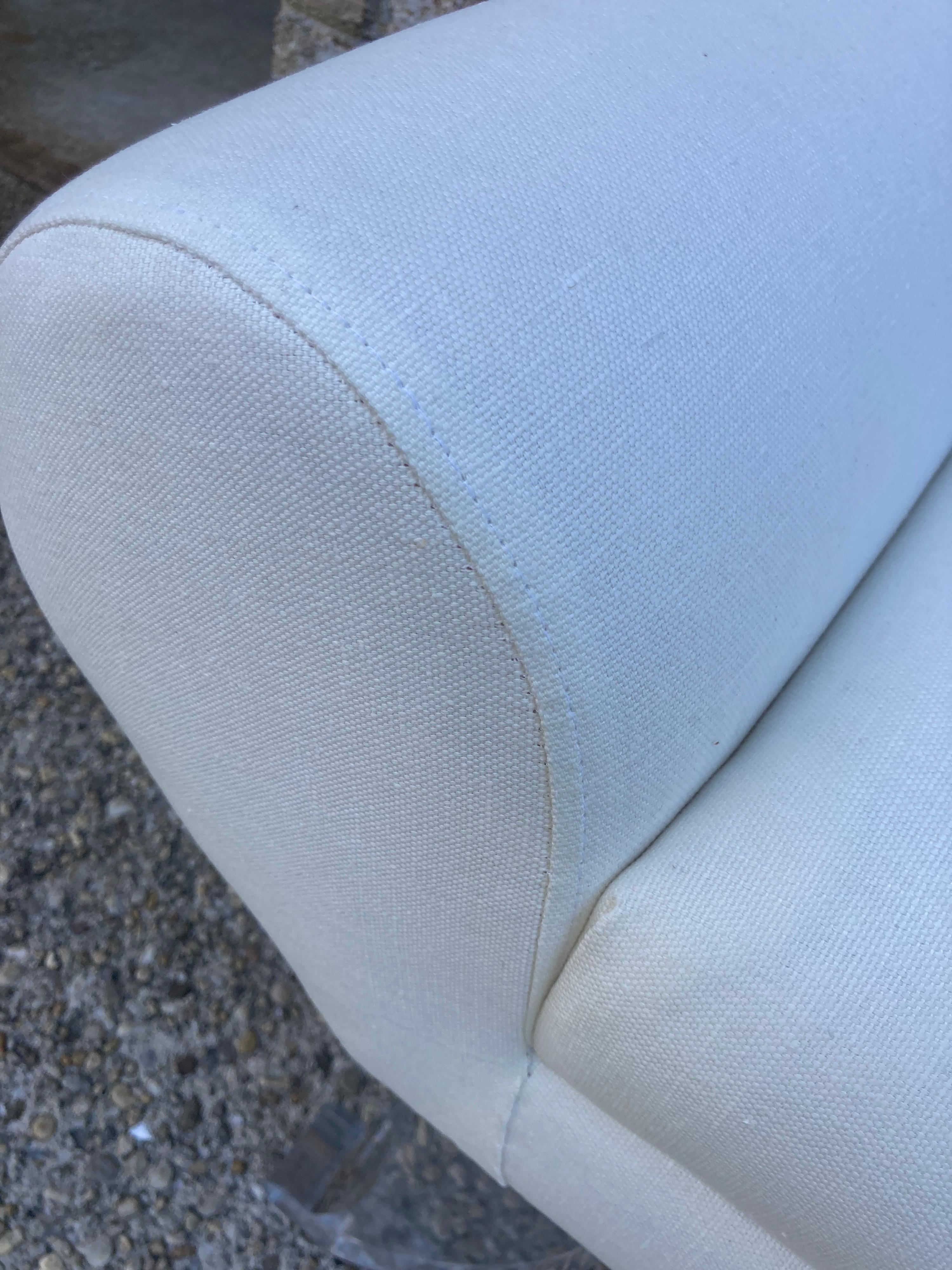 White Linen Upholstered Bench with Lucite Legs For Sale 2