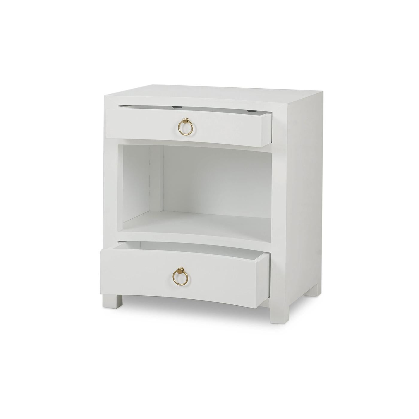 This elegant piece features a sleek, minimalist design wrapped in true white linen, exuding a calm and serene aesthetic.

The subtle texture of the linen finish enhances its modern appeal, while the two drawers provide ample storage for your bedside
