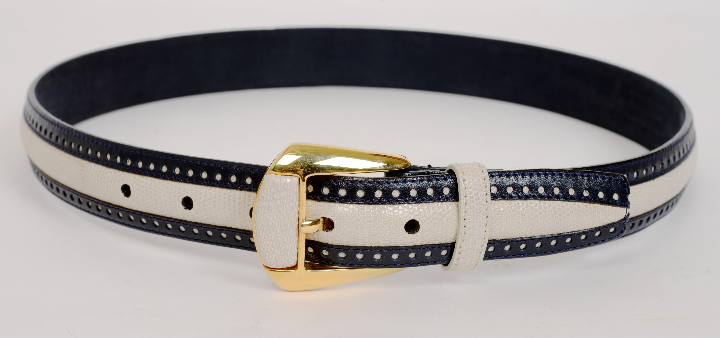 Blue Leather and White Lizard Belt, with Blue Suede Leather Back, by Giorgio's Worth Ave Palm Beach, Brand New. Typical of Giorgio's quality with his typical attention to detail. The buckle is gilt brass with inlaid, matching lizard detail. Brand