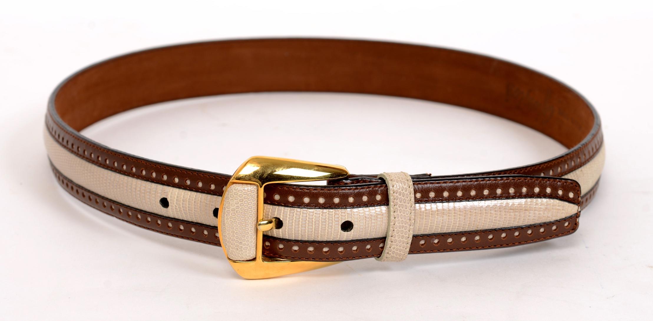 Brown Leather and White Lizard Belt, with Brown Suede Leather Back, by Giorgio's Worth Ave Palm Beach, Brand New. Typical of Giorgio's quality with his typical attention to detail. The buckle is gilt brass with inlaid, matching lizard detail. Brand