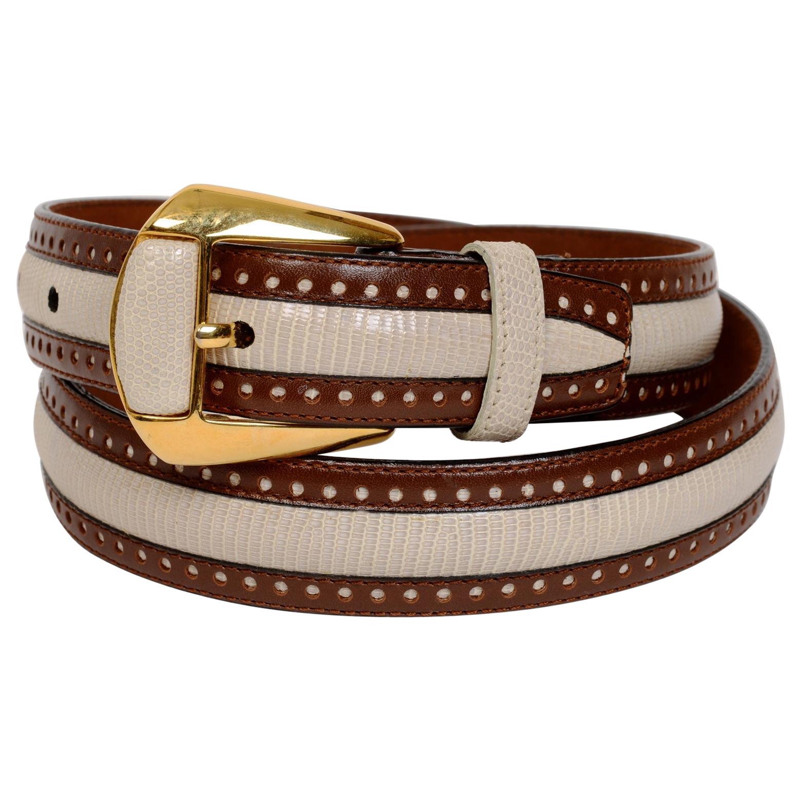 White Lizard and Brown Leather Belt by Giorgio's Worth Ave Palm Beach, Brand New For Sale