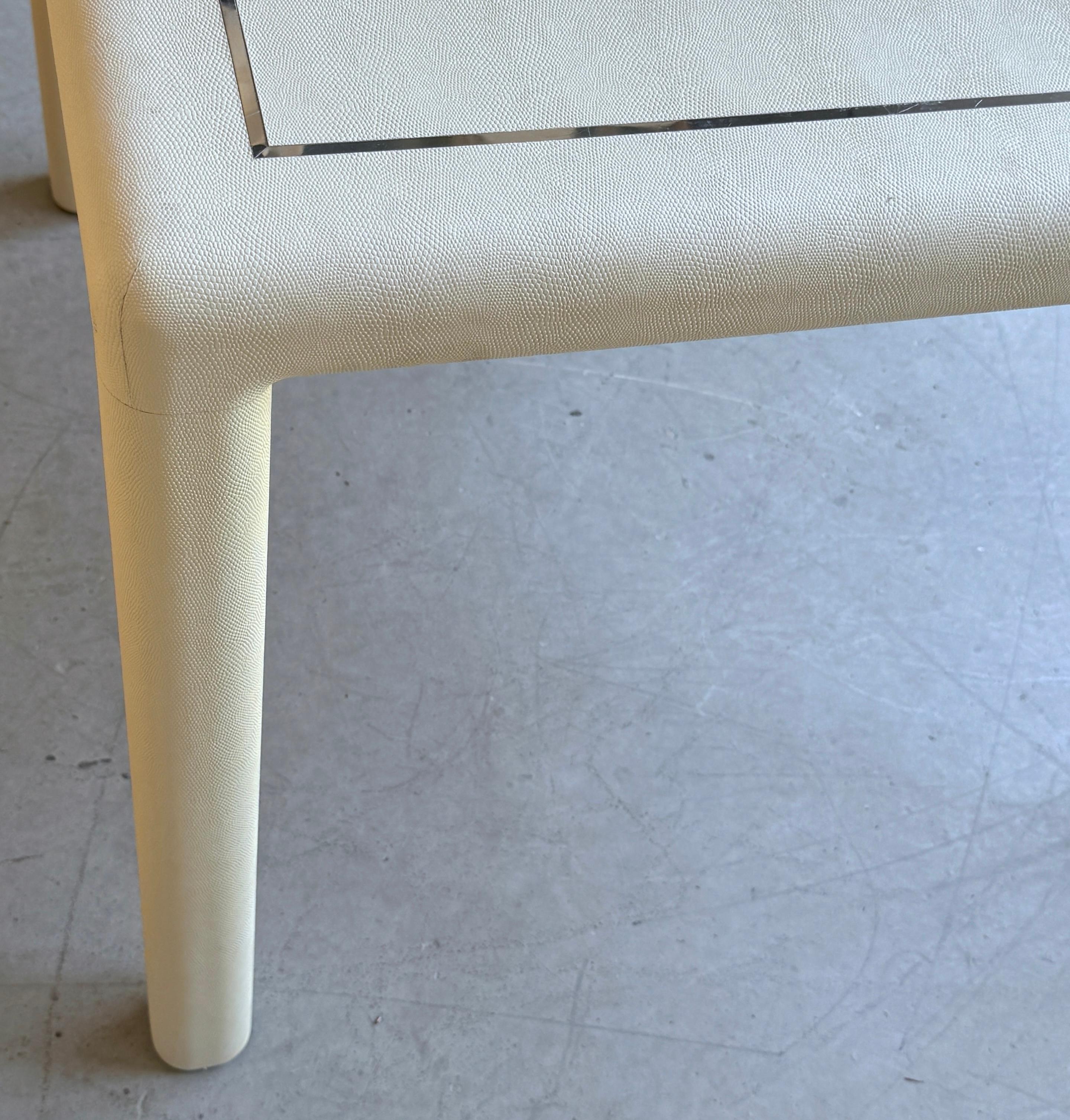 Modern White Lizard Leather & Chrome Parsons Games Table, Attributed Karl Springer For Sale