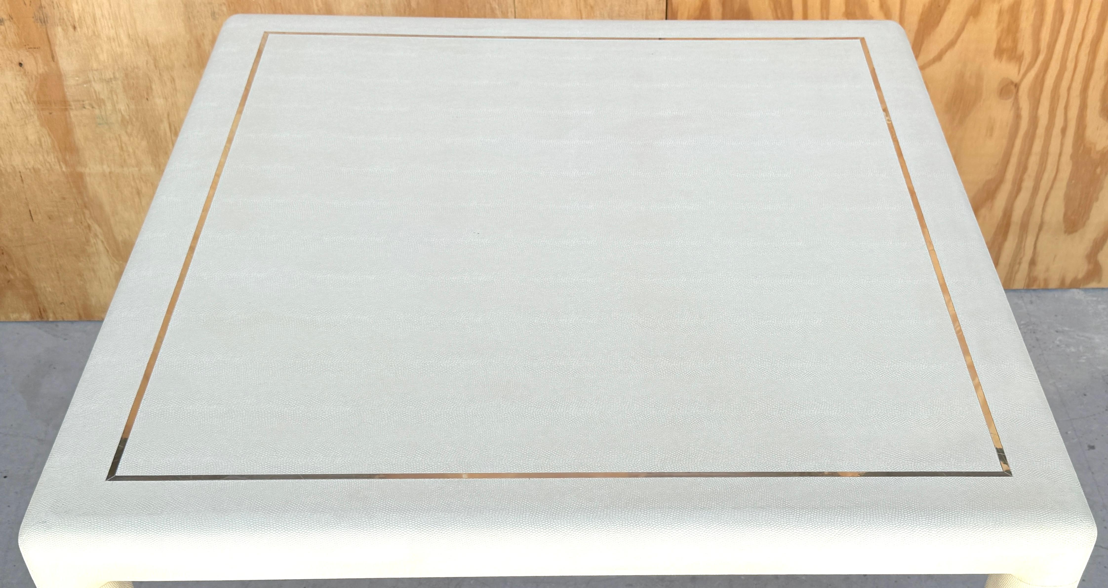 American White Lizard Leather & Chrome Parsons Games Table, Attributed Karl Springer For Sale